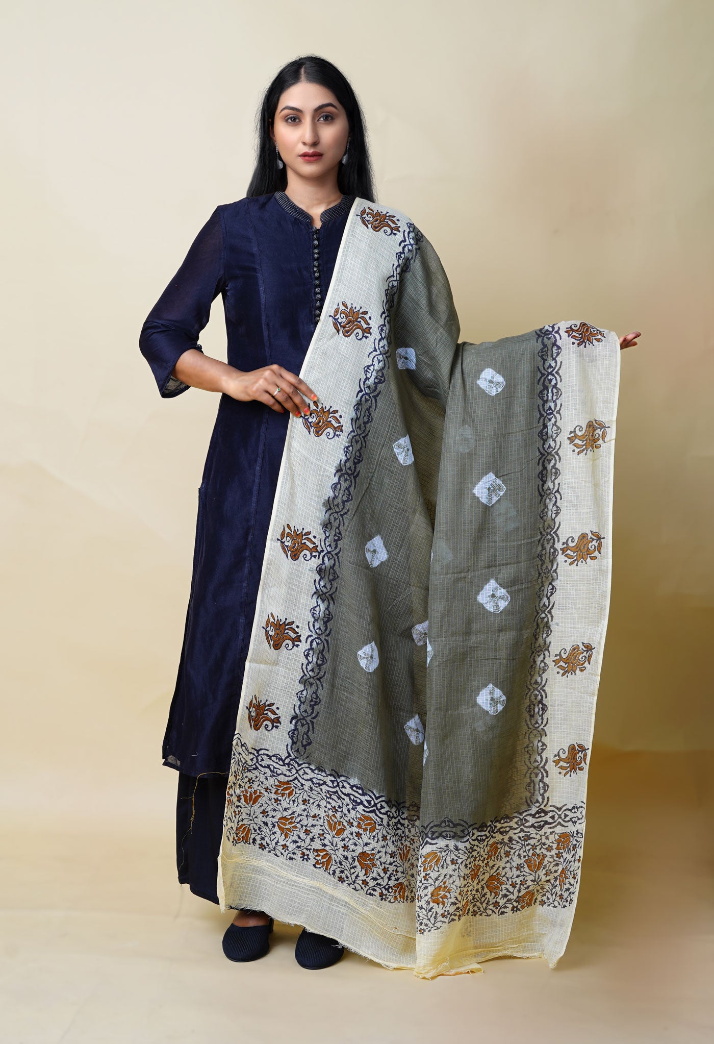 Green-Cream Pure Bandhani Block Printed Kota Dupatta-UDS5869