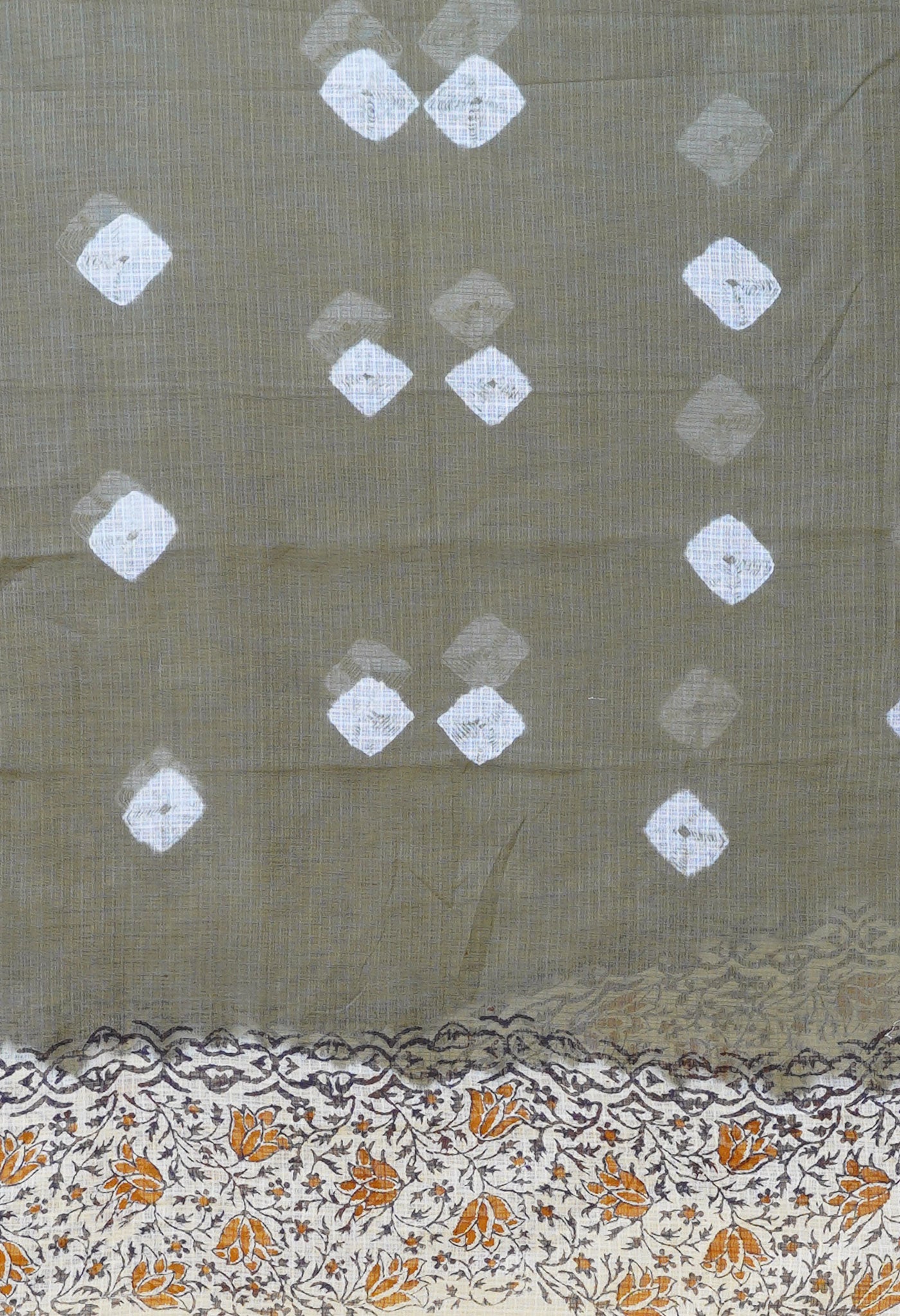Green-Cream Pure Bandhani Block Printed Kota Dupatta-UDS5869