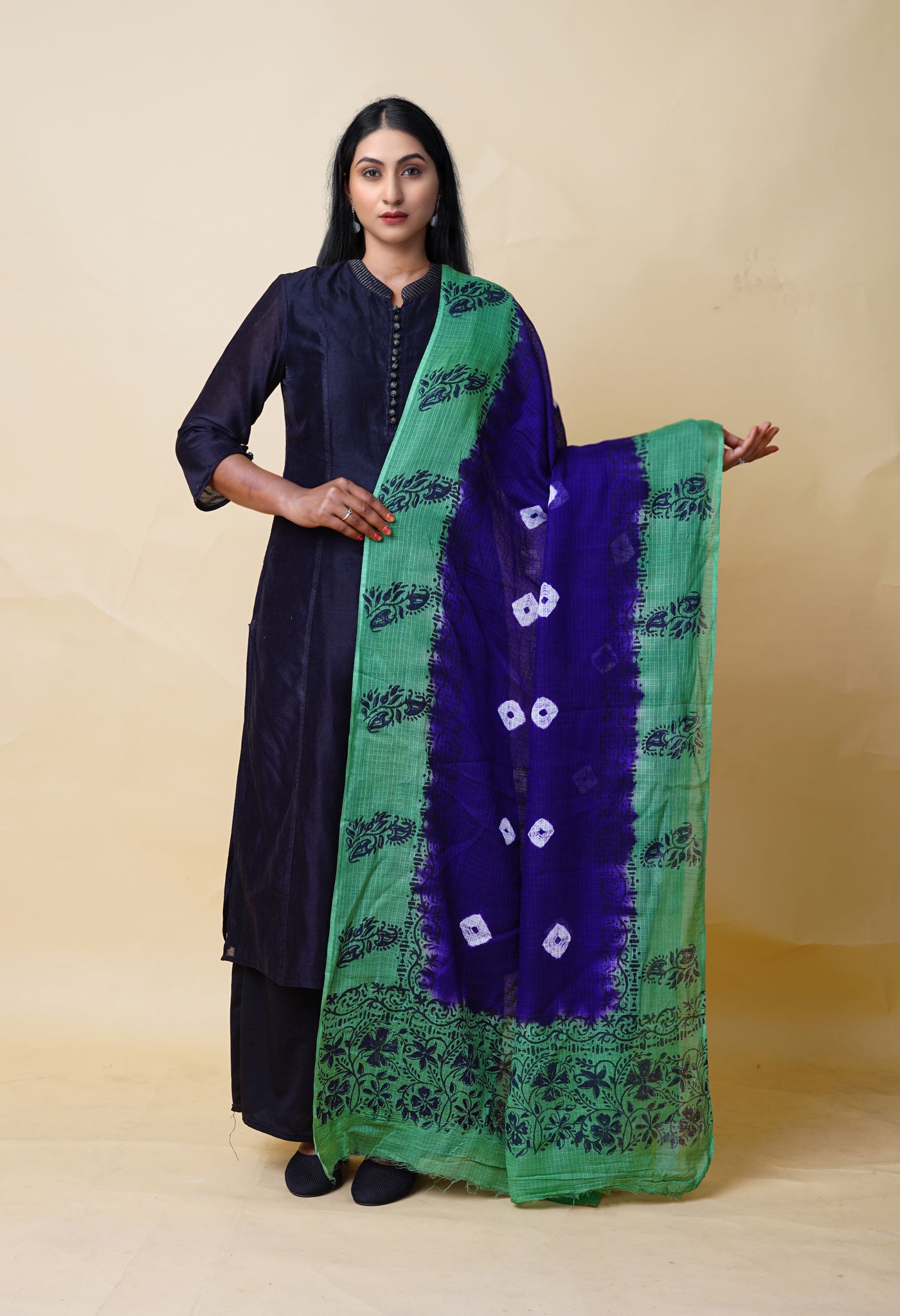Dark Blue-Green Pure Bandhani Block Printed Kota Dupatta-UDS5872