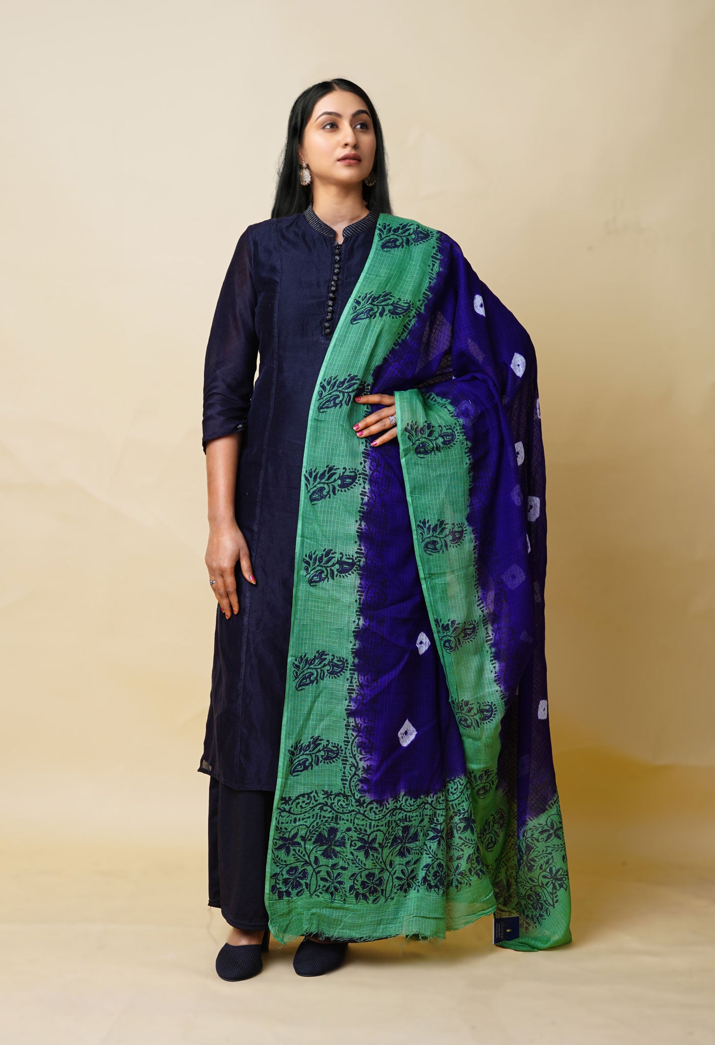 Dark Blue-Green Pure Bandhani Block Printed Kota Dupatta-UDS5872