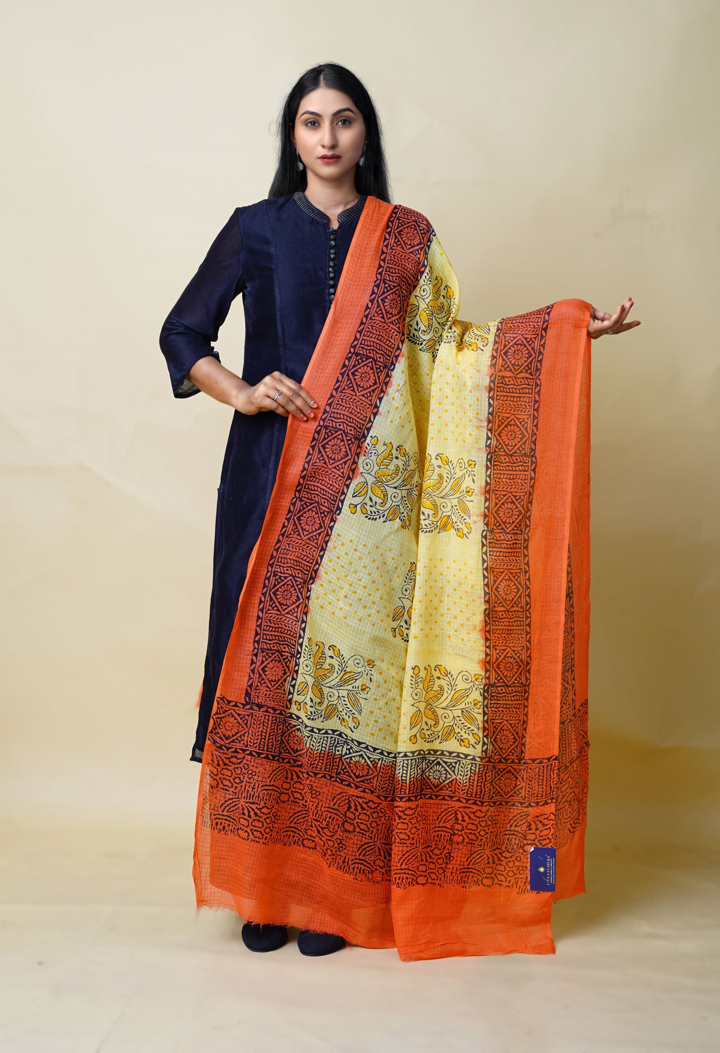 Yellow-Orange Pure Block Printed Kota Dupatta-UDS5874