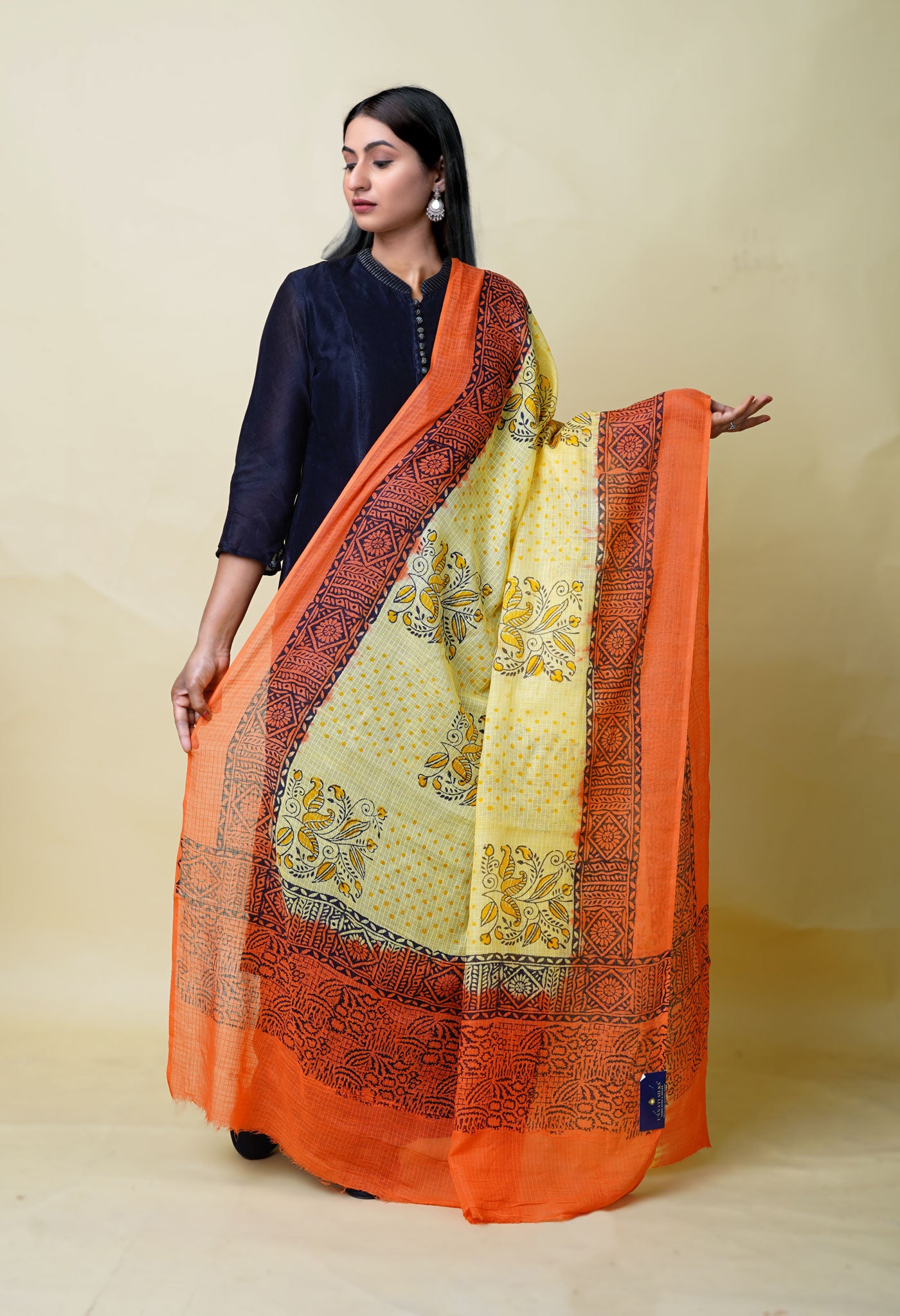 Yellow-Orange Pure Block Printed Kota Dupatta-UDS5874