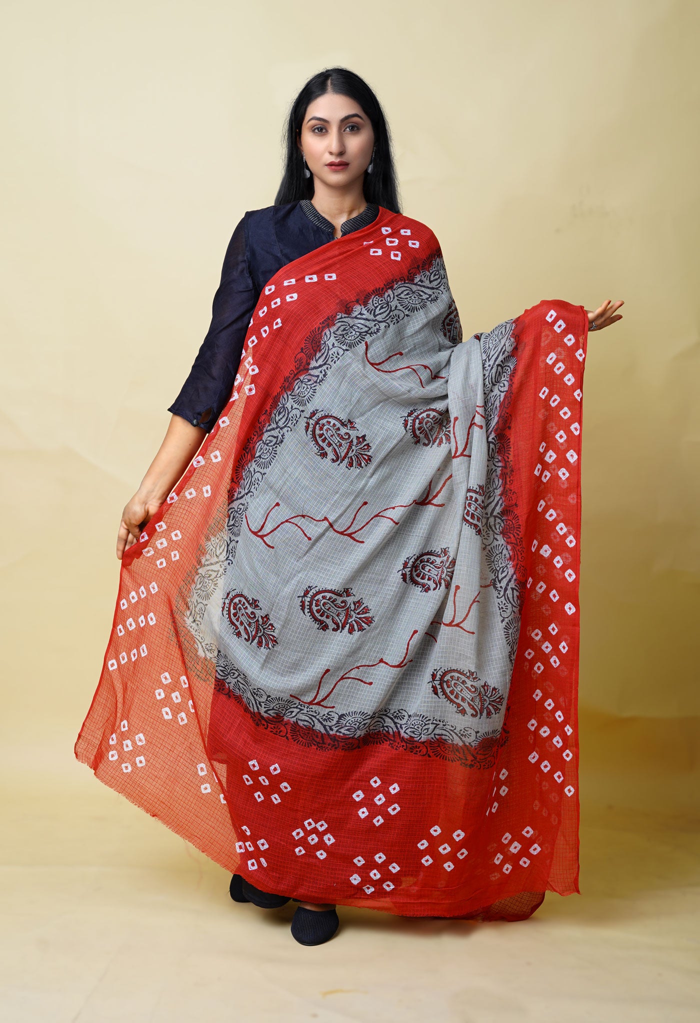 Grey-Red Pure Bandhani Block Printed Kota Dupatta-UDS5875