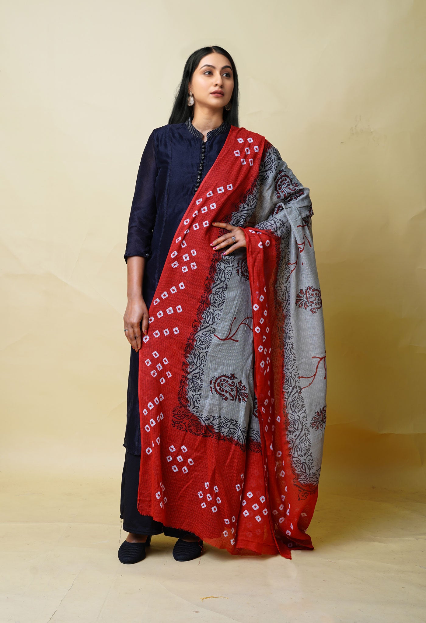 Grey-Red Pure Bandhani Block Printed Kota Dupatta-UDS5875