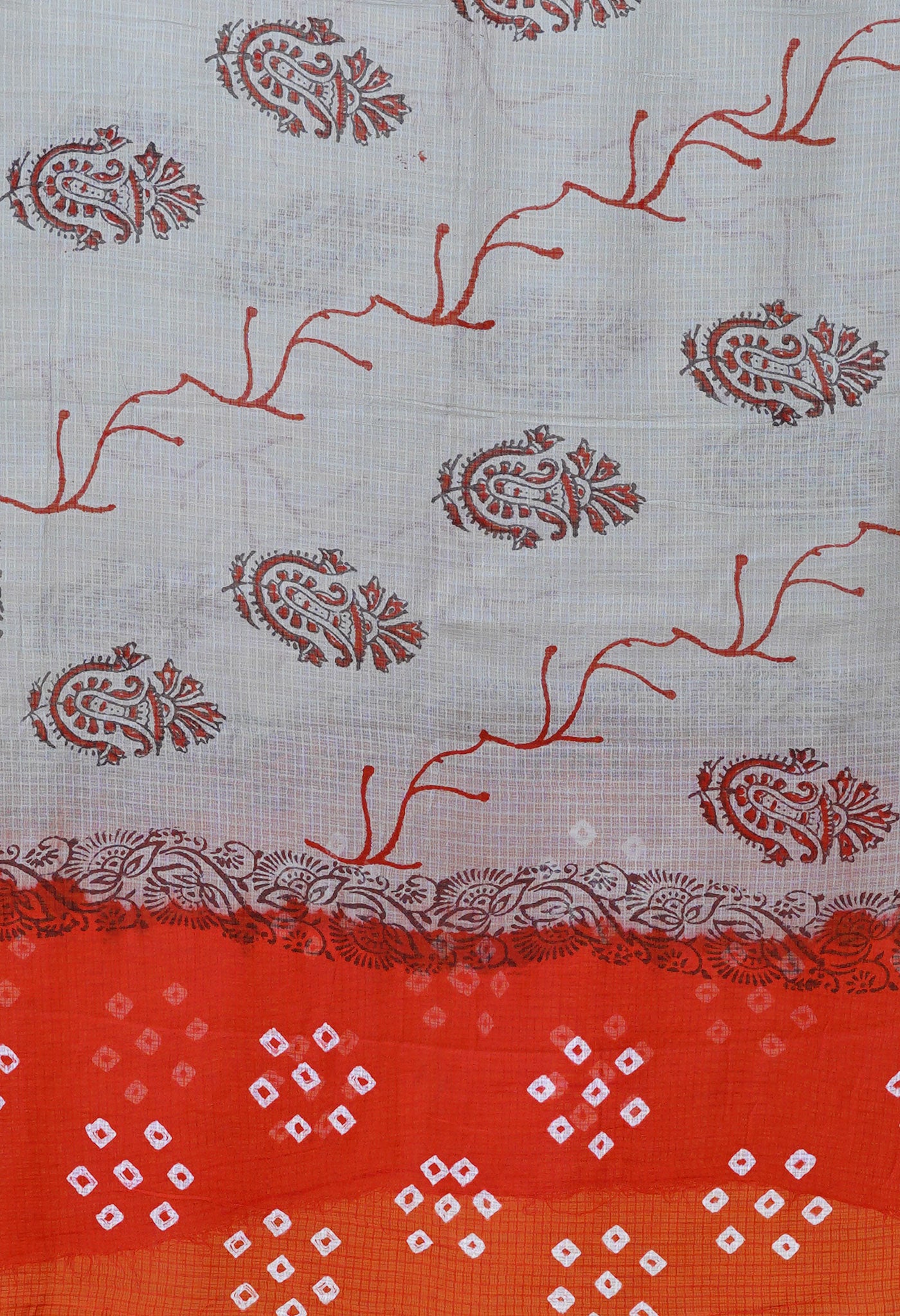 Grey-Red Pure Bandhani Block Printed Kota Dupatta-UDS5875