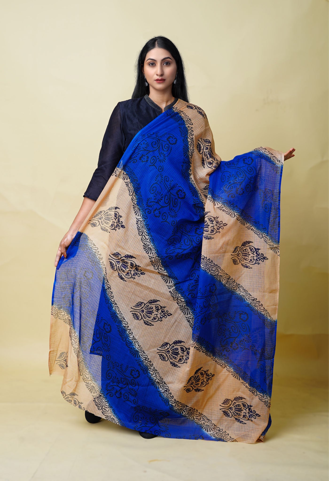 Dark Blue-Brown Pure Block Printed Kota Dupatta-UDS5876