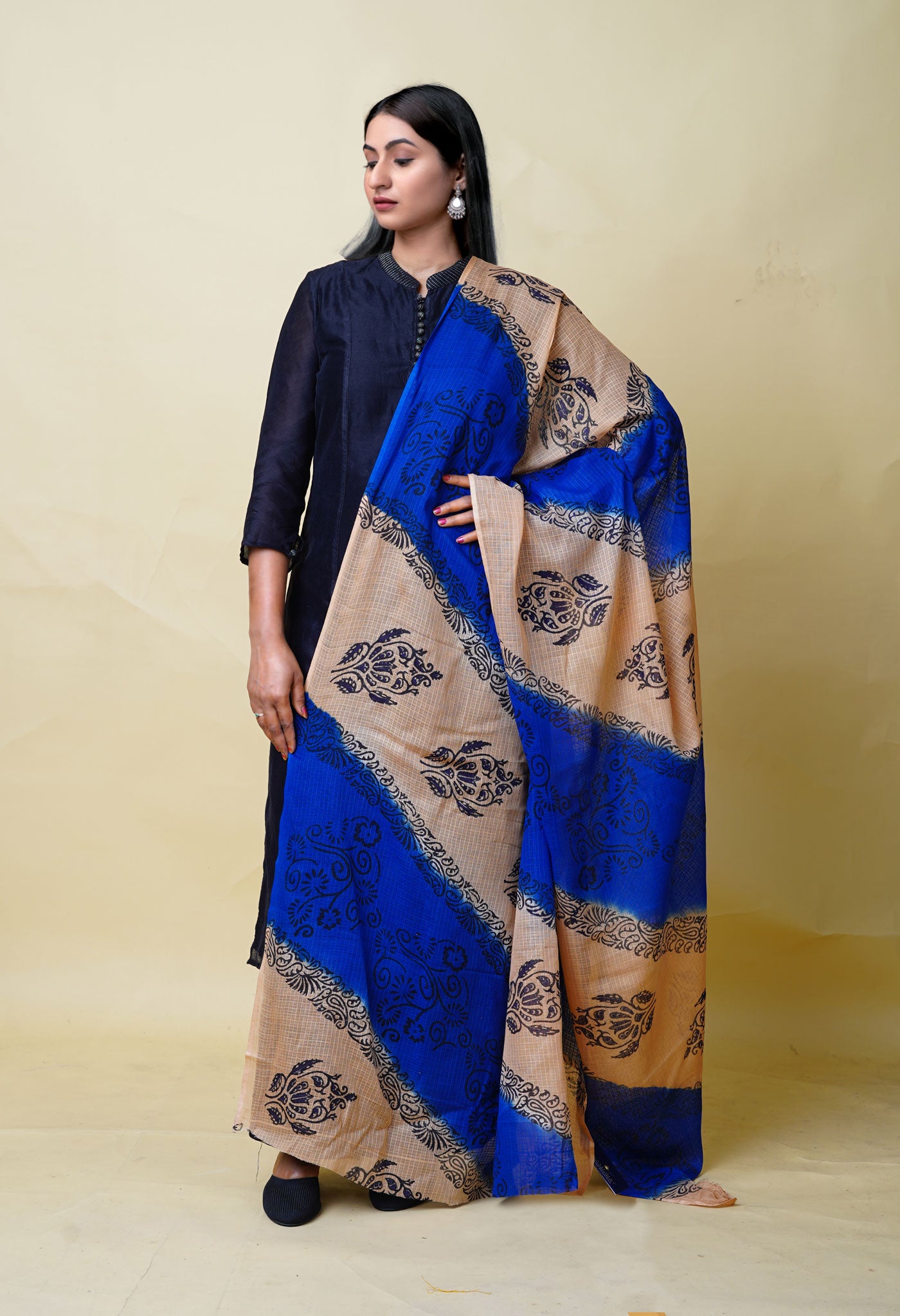 Dark Blue-Brown Pure Block Printed Kota Dupatta-UDS5876