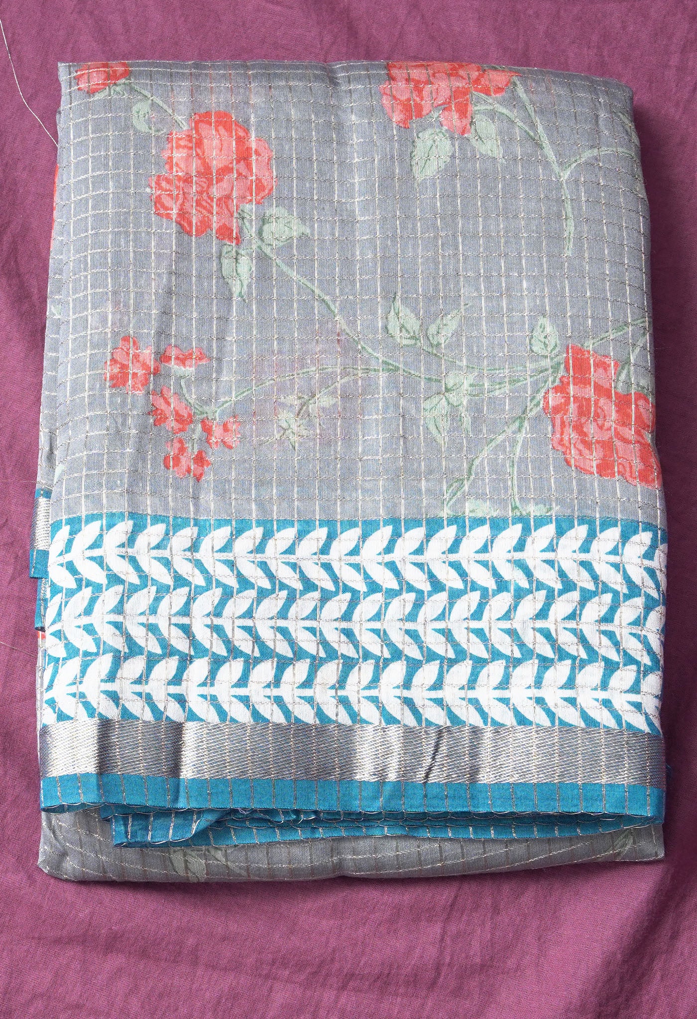 Pure Floral Printed With Zari Weaving Checks Chanderi Silk Saree-ULAC0004/4-1