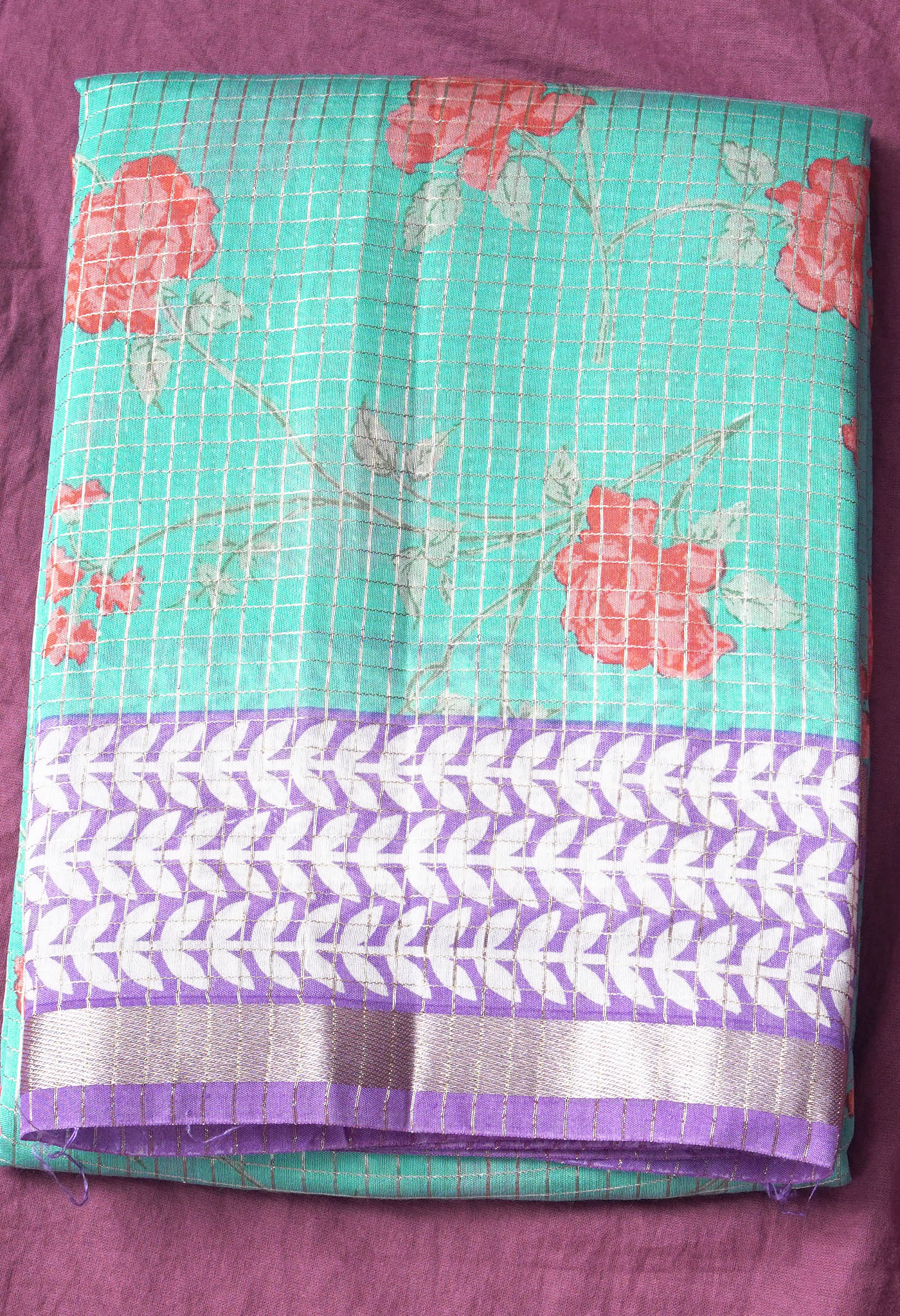 Pure Floral Printed With Zari Weaving Checks Chanderi Silk Saree-ULAC0004/4-3