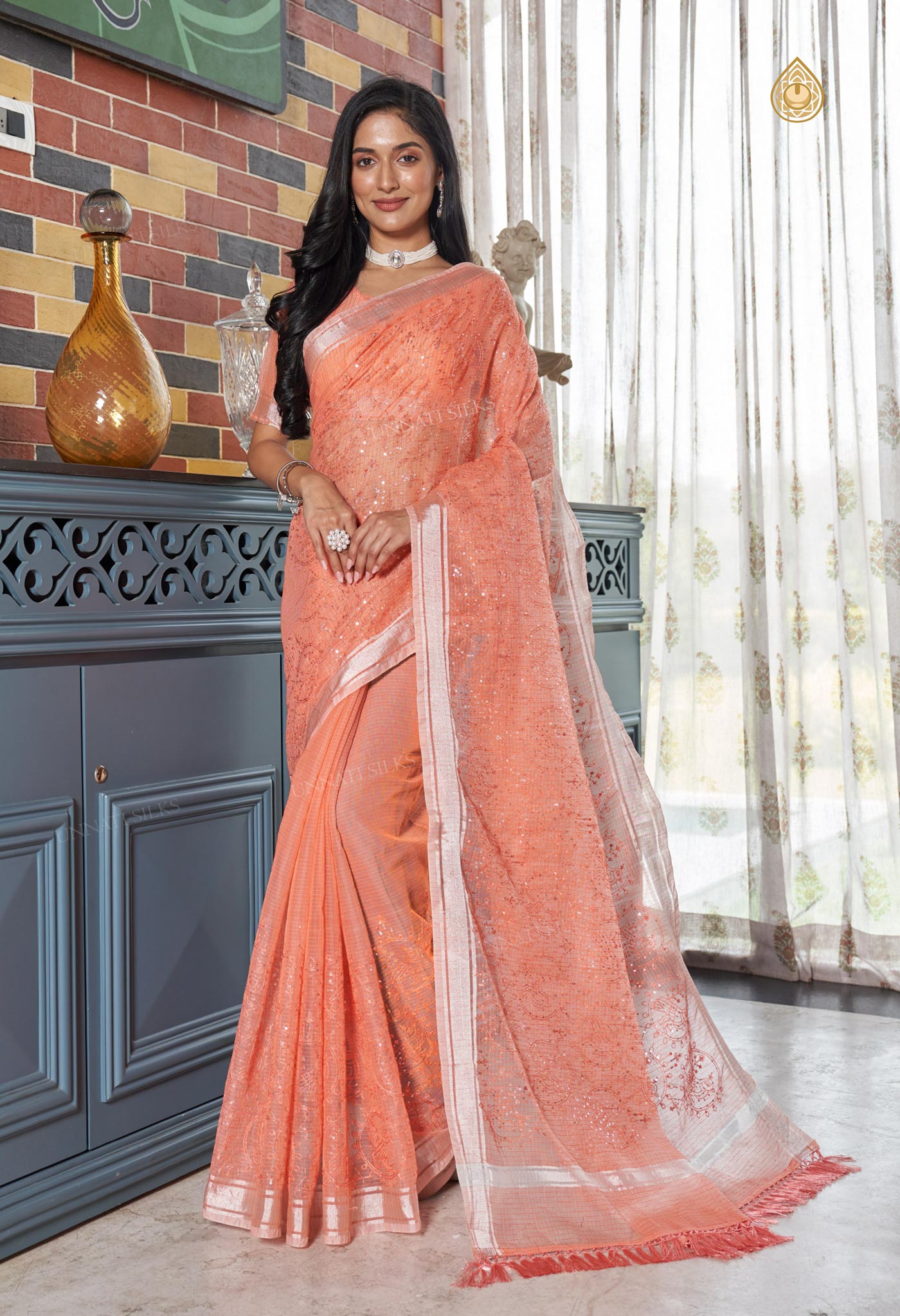 Peach Orange Pure Kota With Sequence Embroidery cotton Saree-UNM70563