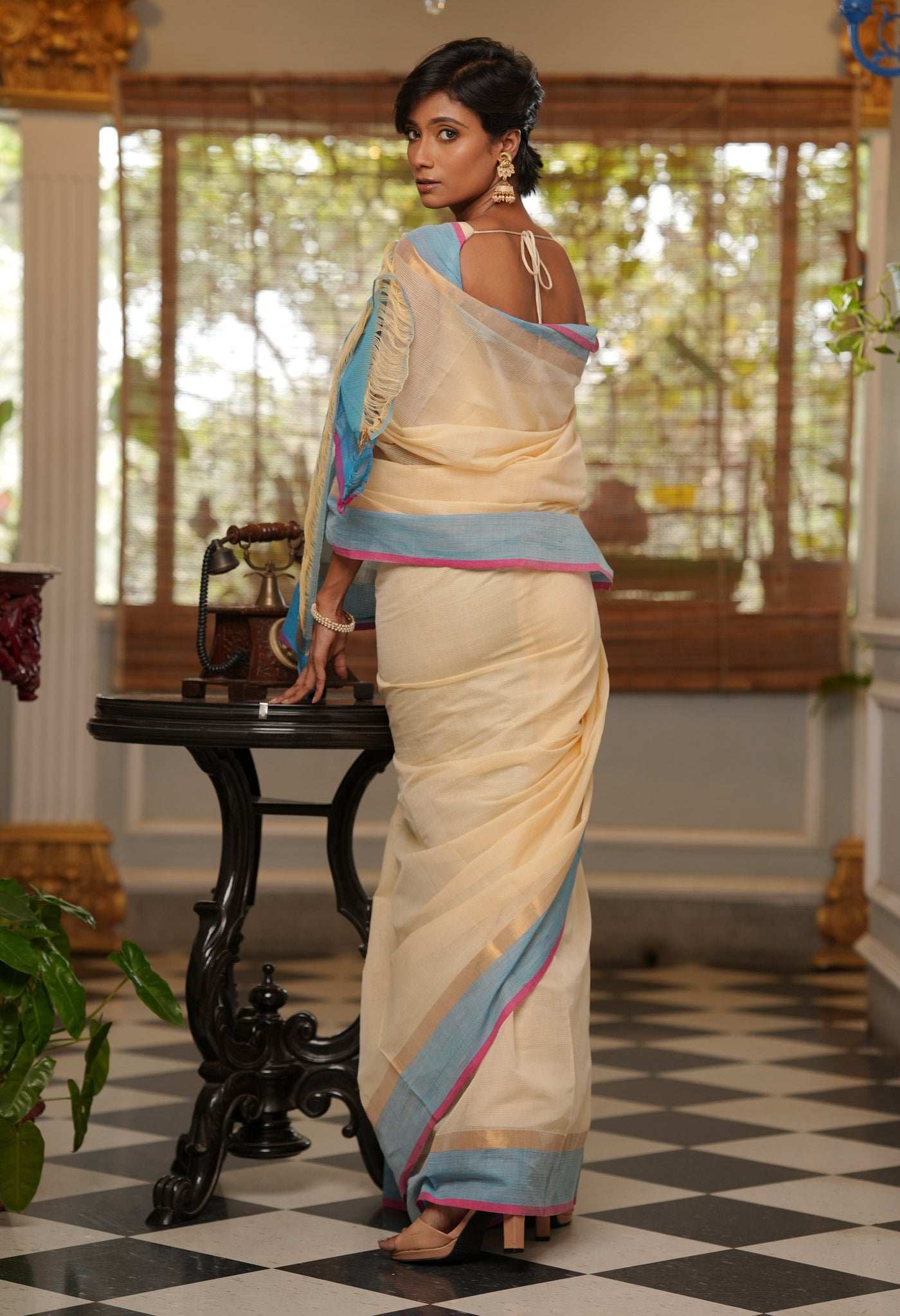 Cream Pure Handloom Mangalagiri Cotton Saree-UNM70981