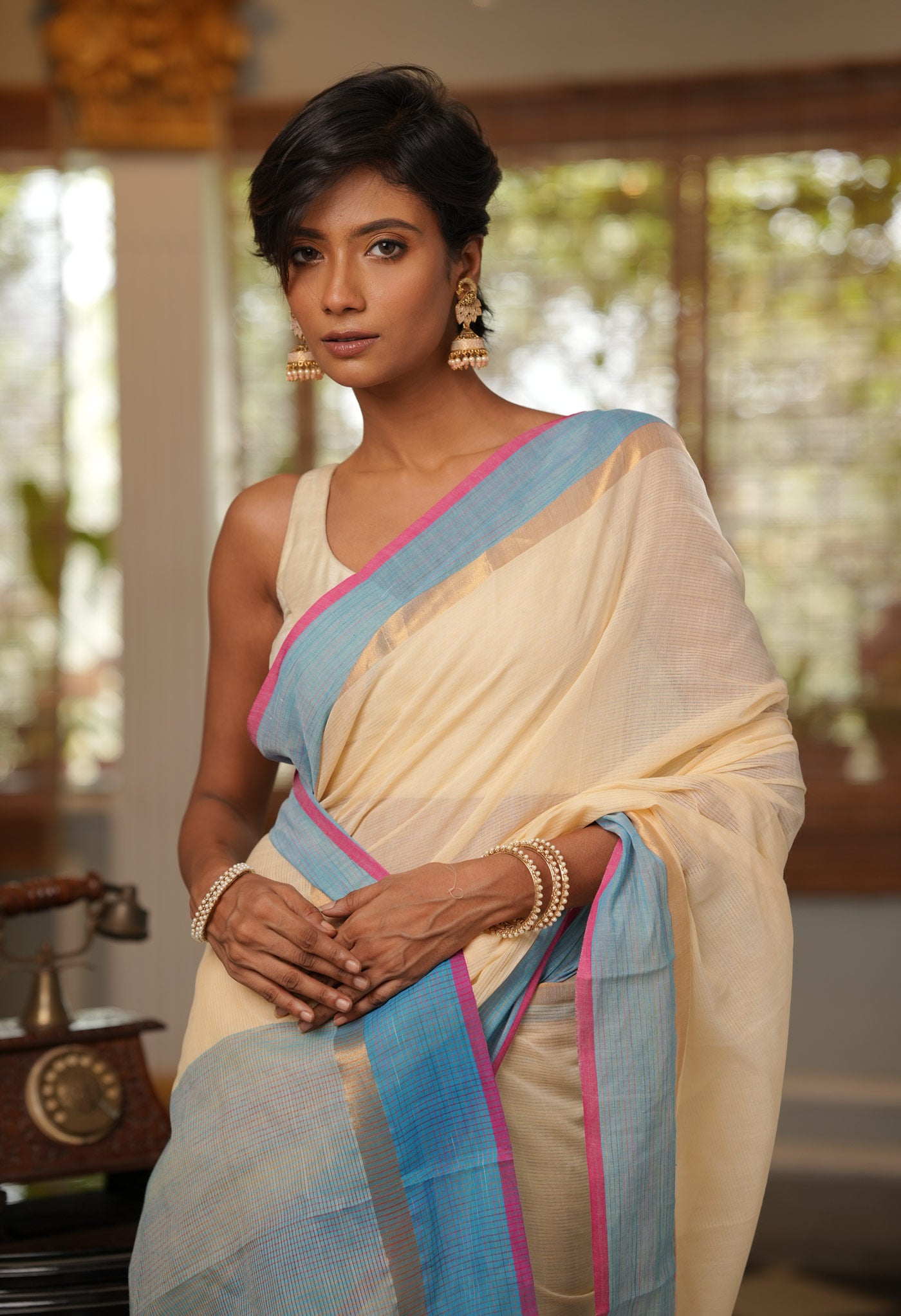 Cream Pure Handloom Mangalagiri Cotton Saree-UNM70981