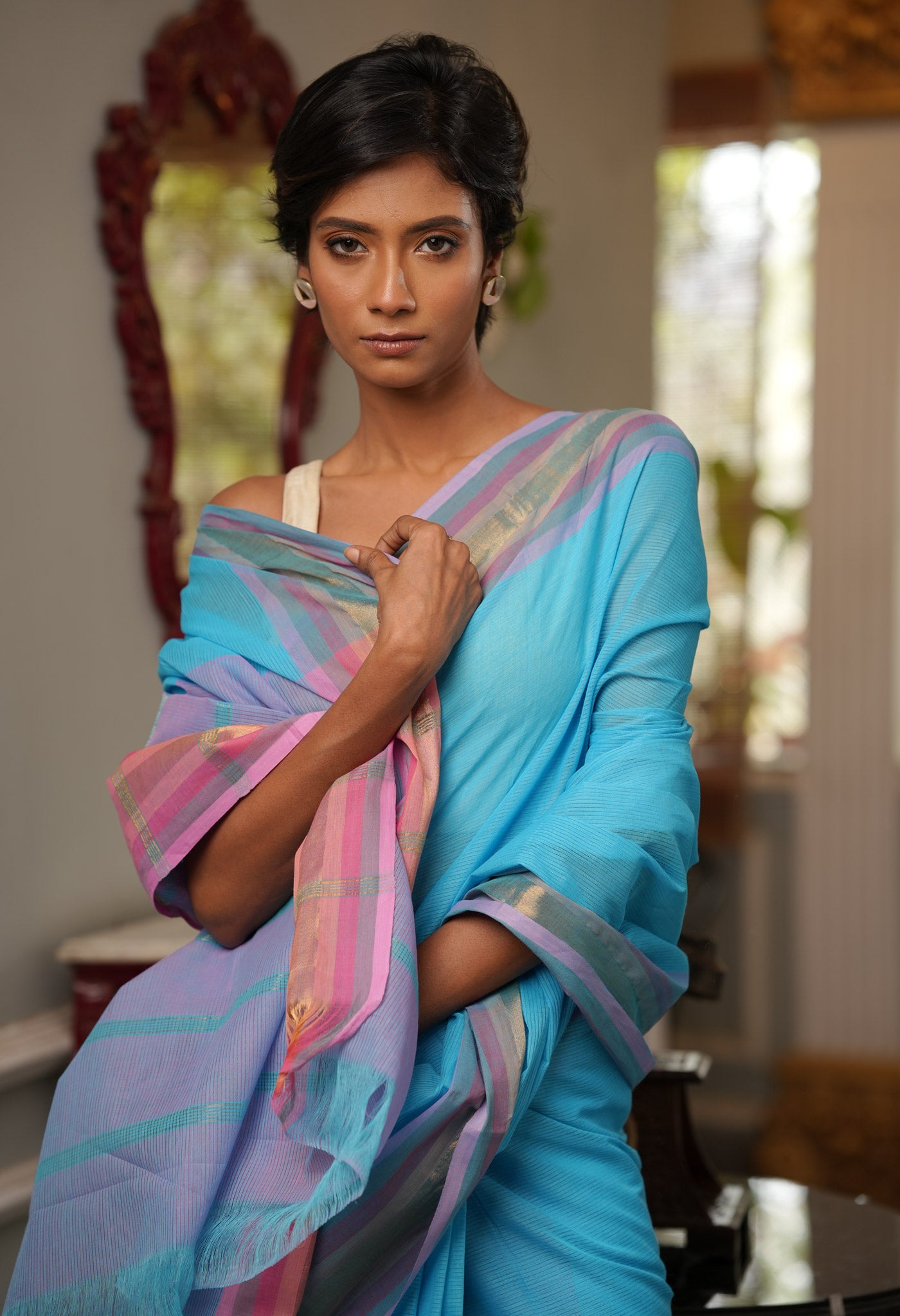 Blue Pure Handloom Mangalagiri Cotton Saree-UNM70982