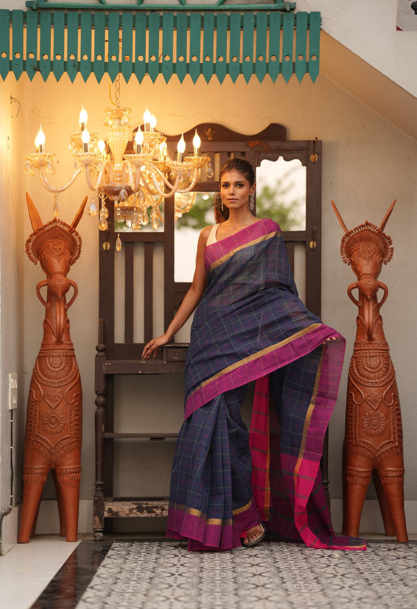 Navy BluePure Handloom Mangalagiri Cotton Saree-UNM71002