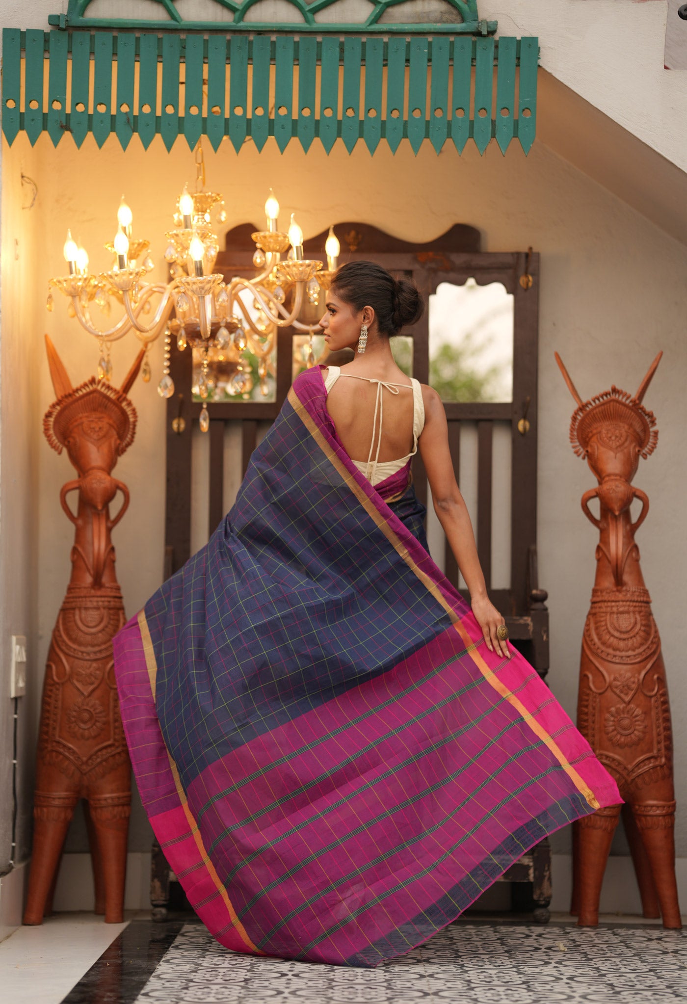Navy BluePure Handloom Mangalagiri Cotton Saree-UNM71002