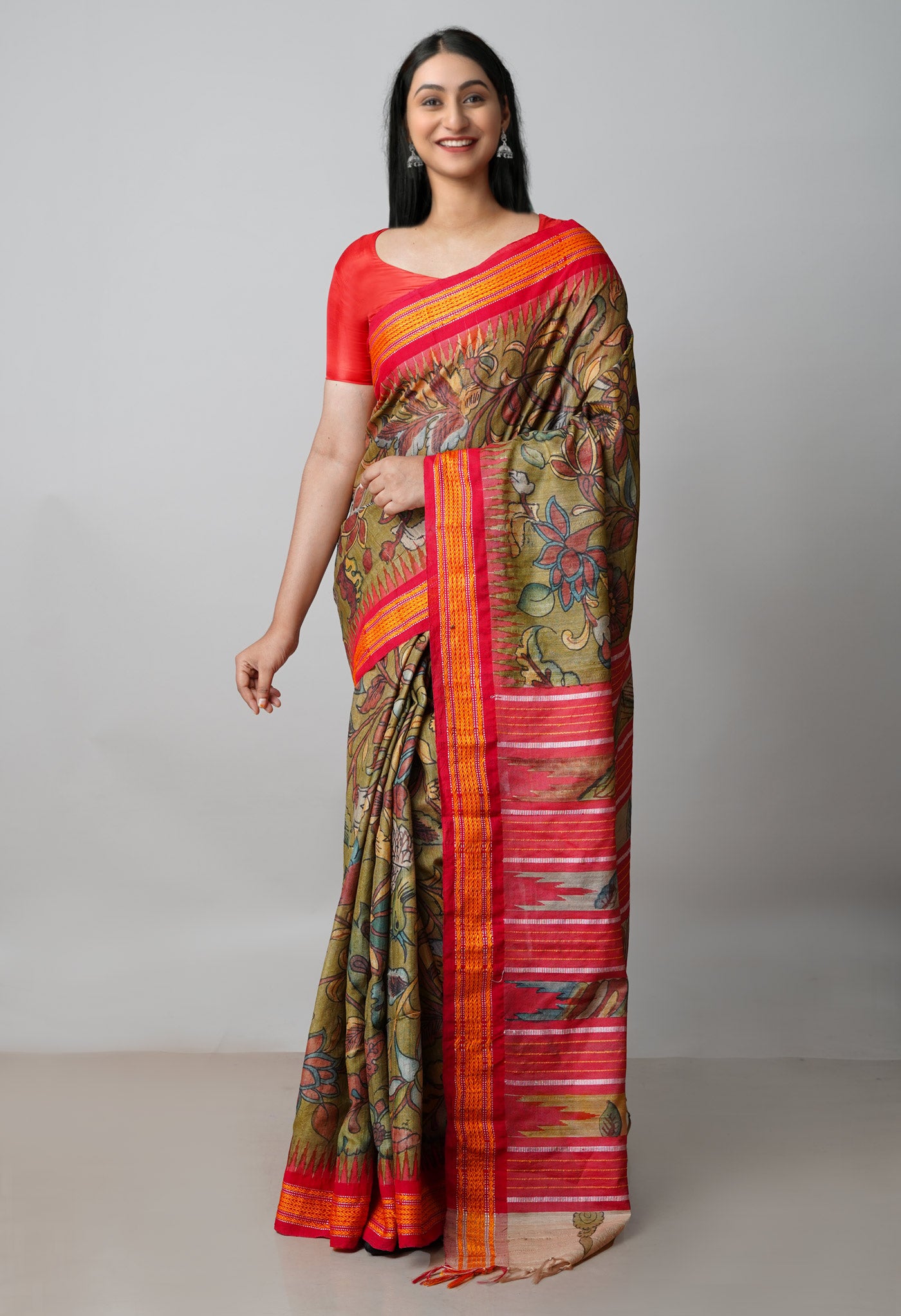 Olive Green Pure Handloom Pen Kalamkari Painting Gicha Tussar Jute Saree-UNM72233