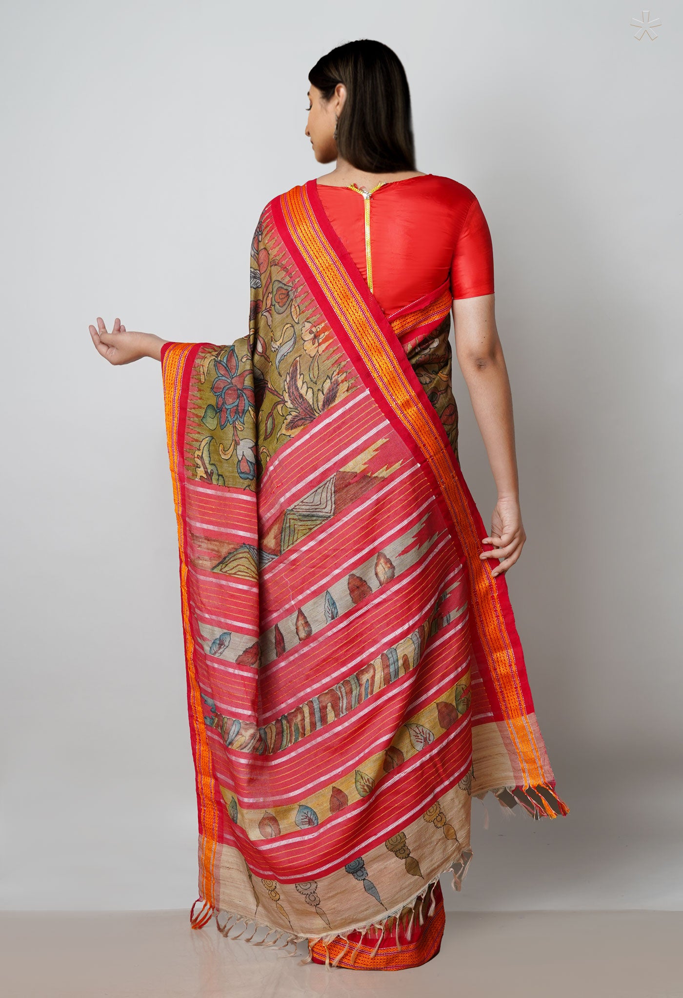 Olive Green Pure Handloom Pen Kalamkari Painting Gicha Tussar Jute Saree-UNM72233