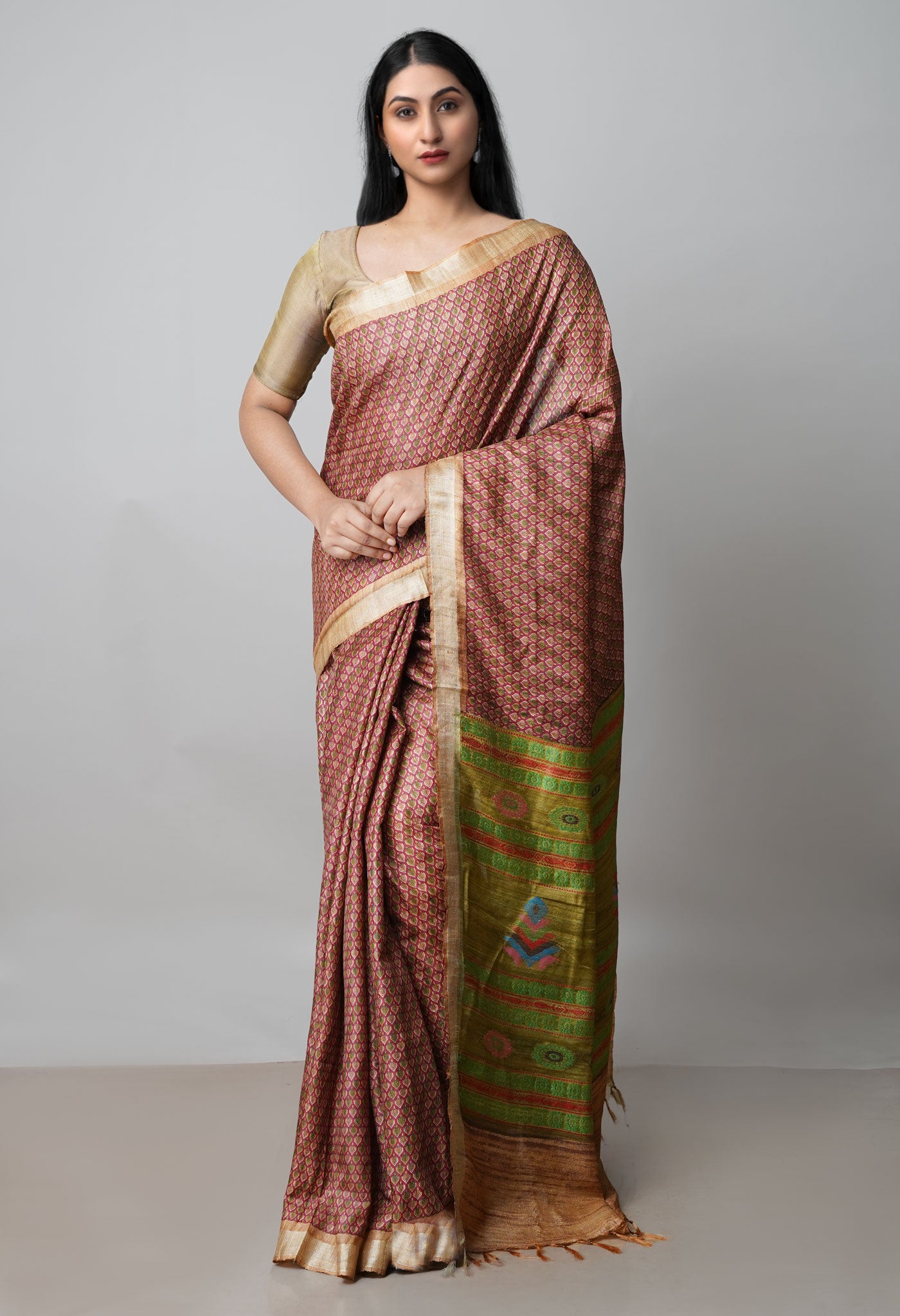 Pink Pure Handloom Block Printed Vidarbha Tussar Jute Saree