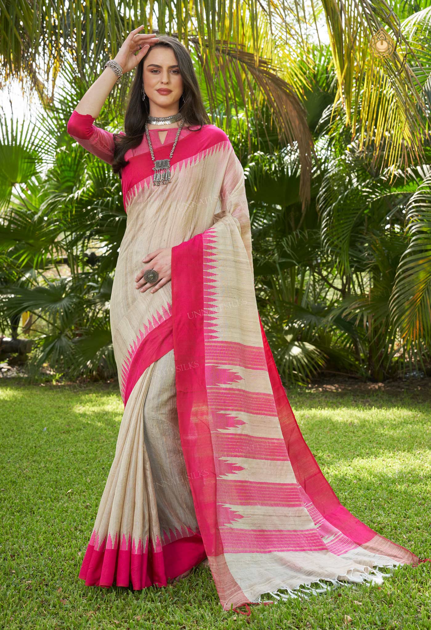 Cream-Peach Red Pure Bengal Ghicha Tussar Jute Saree-UNM72501