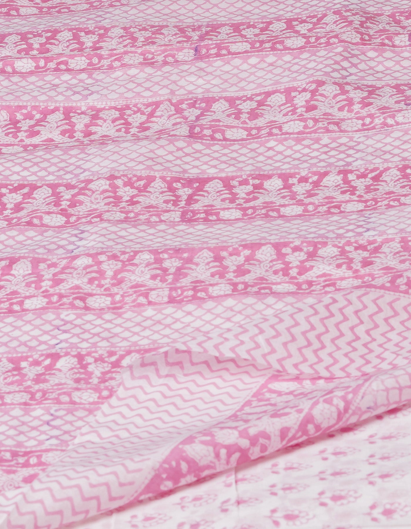 White-Pink Pure Block Printed Superfine Mulmul Cotton Saree-UNM72622