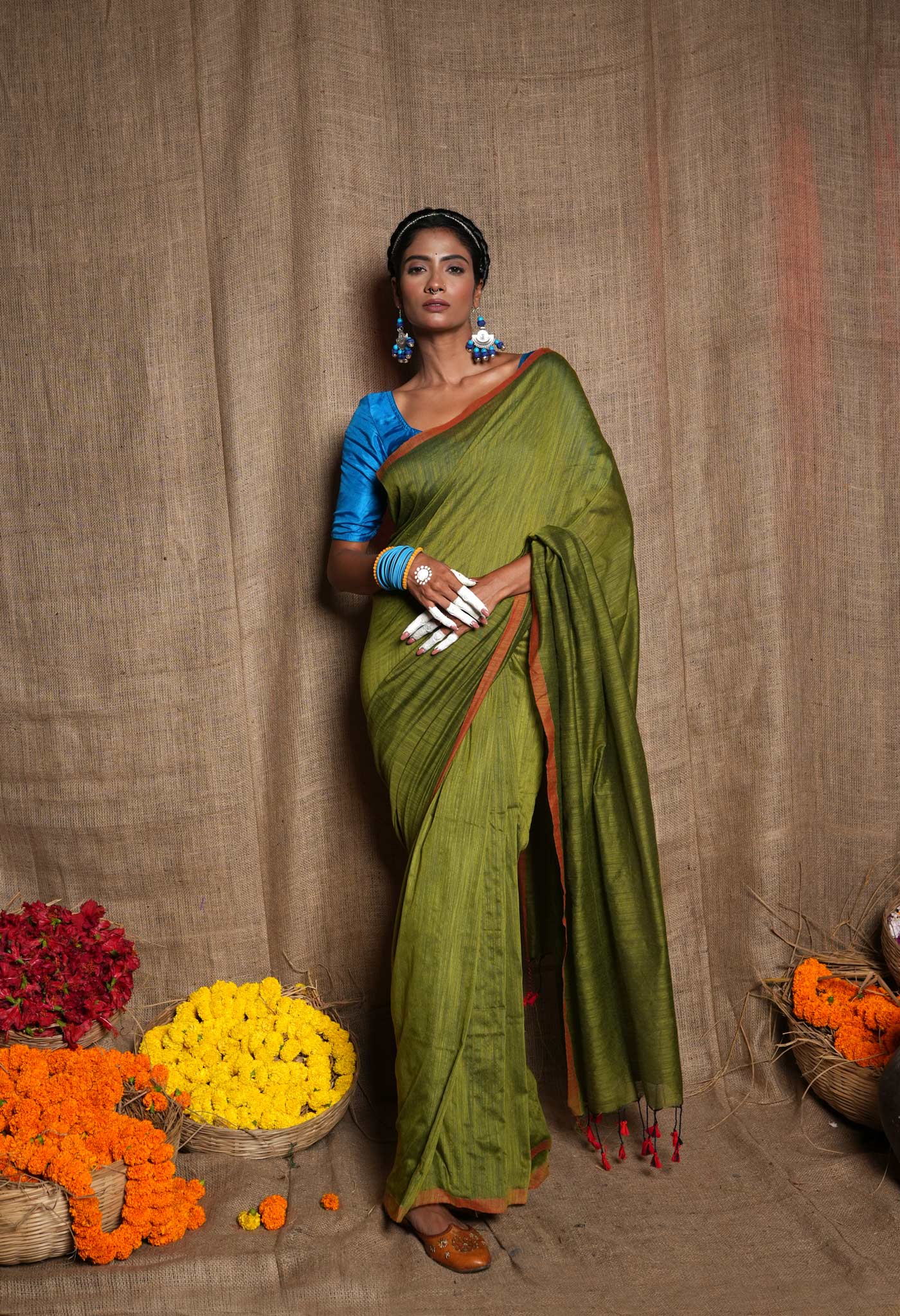 Green Pure Plain Cotton Linen Saree With Tassels