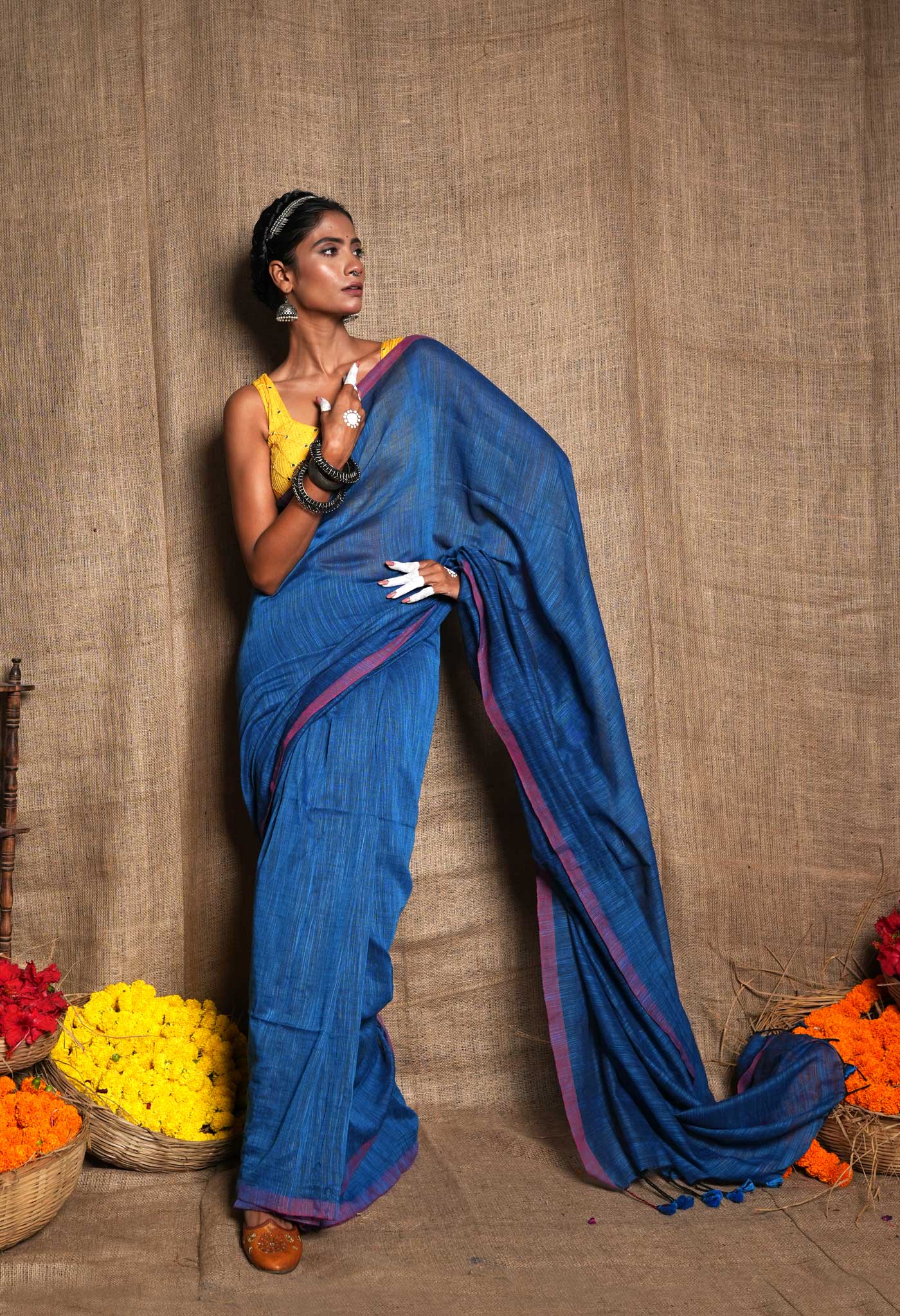 Peacocok Blue Pure Plain Cotton Linen Saree With Tassels