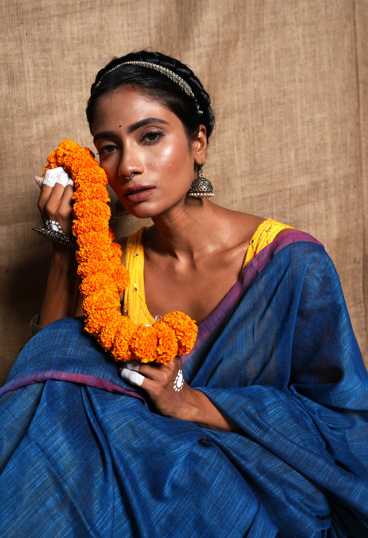 Peacocok Blue Pure Plain Cotton Linen Saree With Tassels