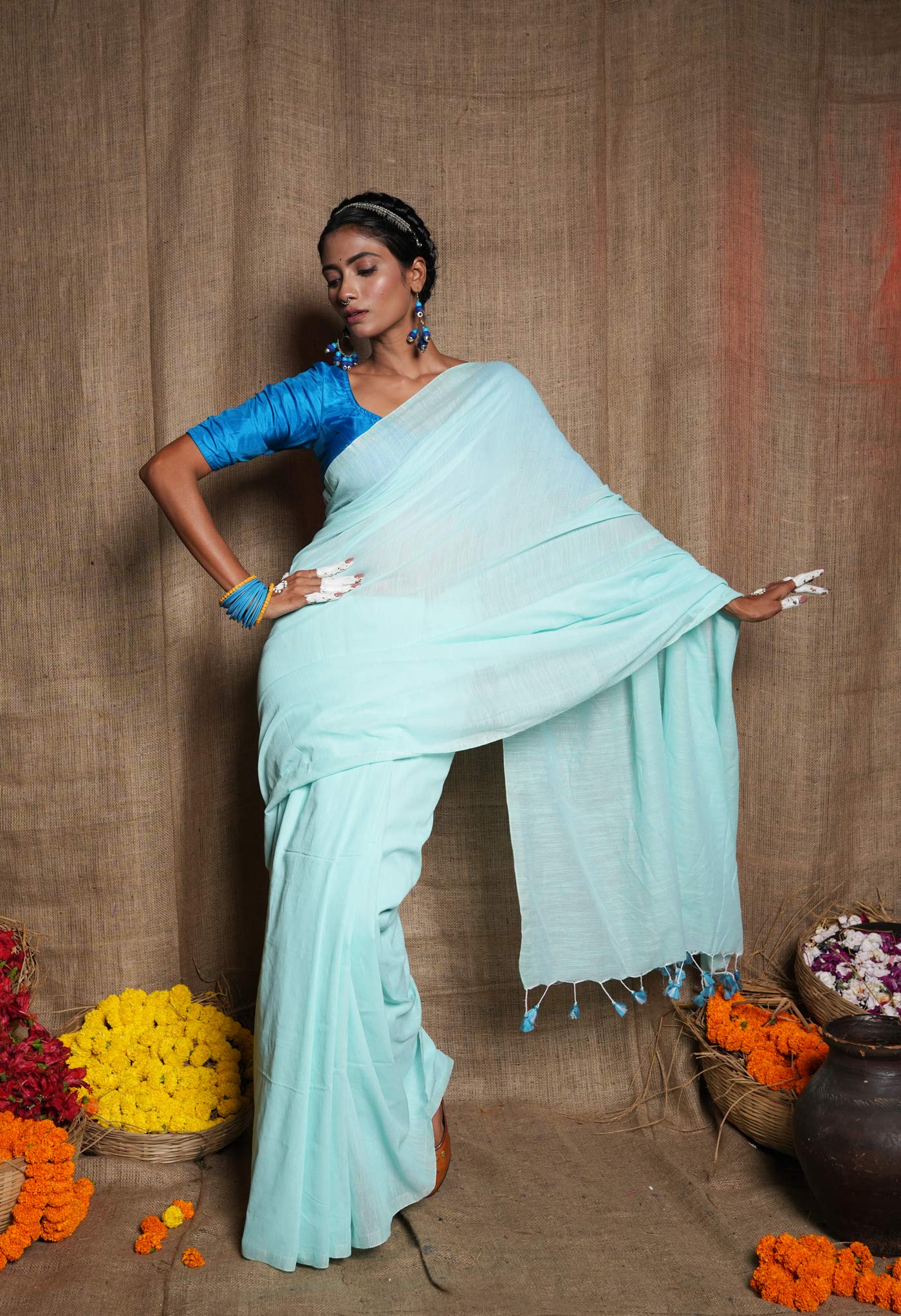 Pale Blue Pure Plain Cotton Linen Saree With Tassels