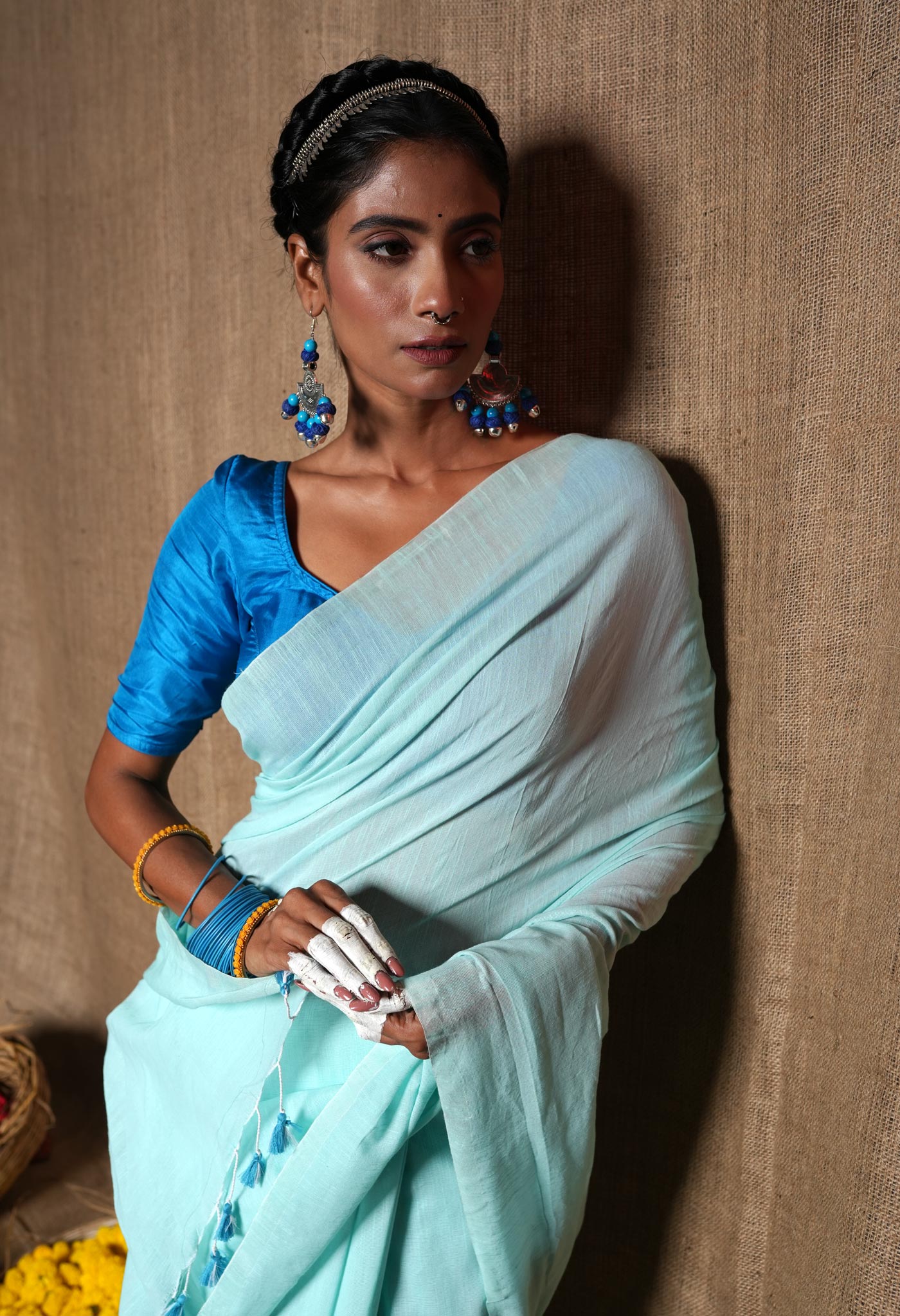 Pale Blue Pure Plain Cotton Linen Saree With Tassels