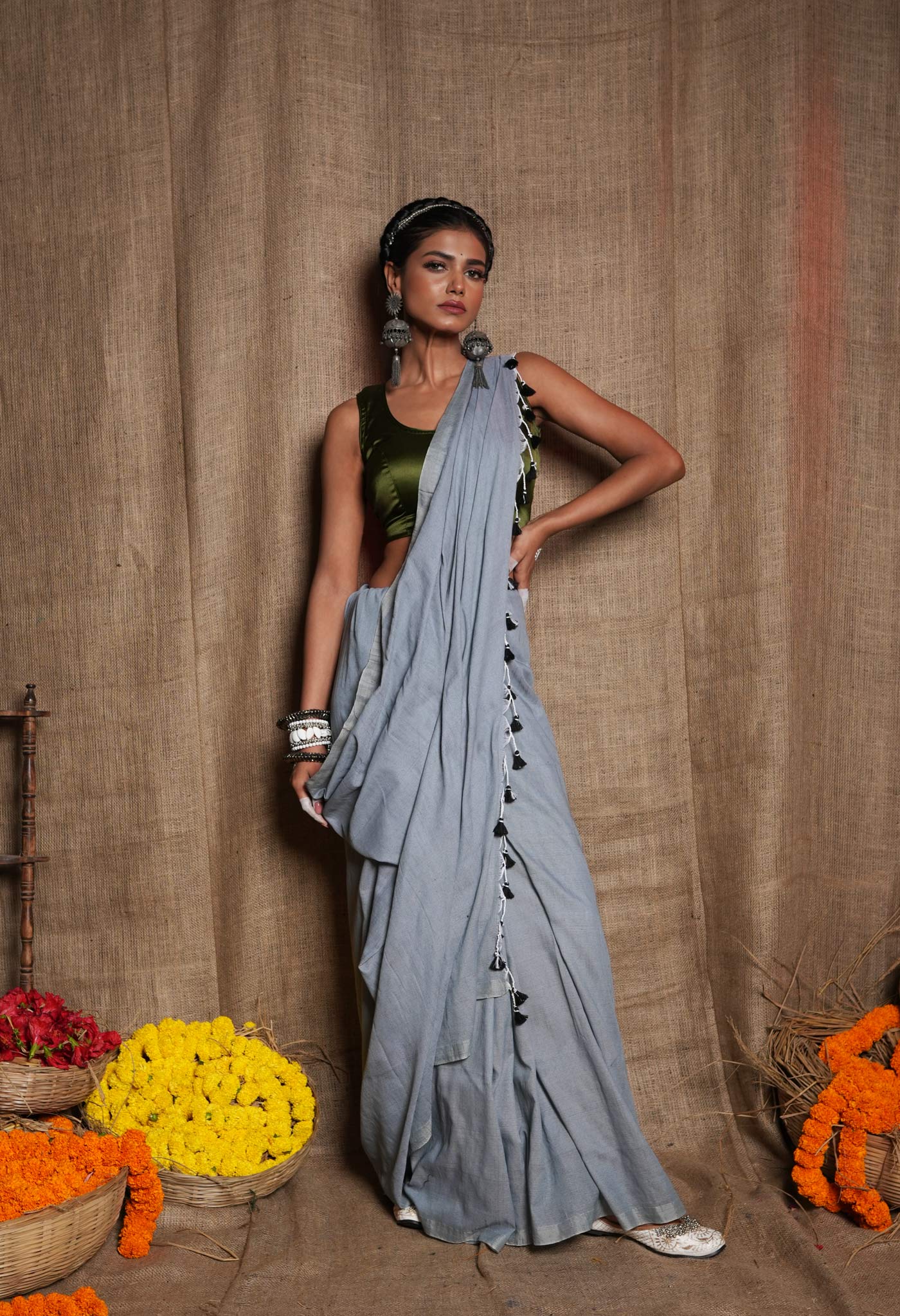 Grey Pure Plain Cotton Linen Saree With Tassels