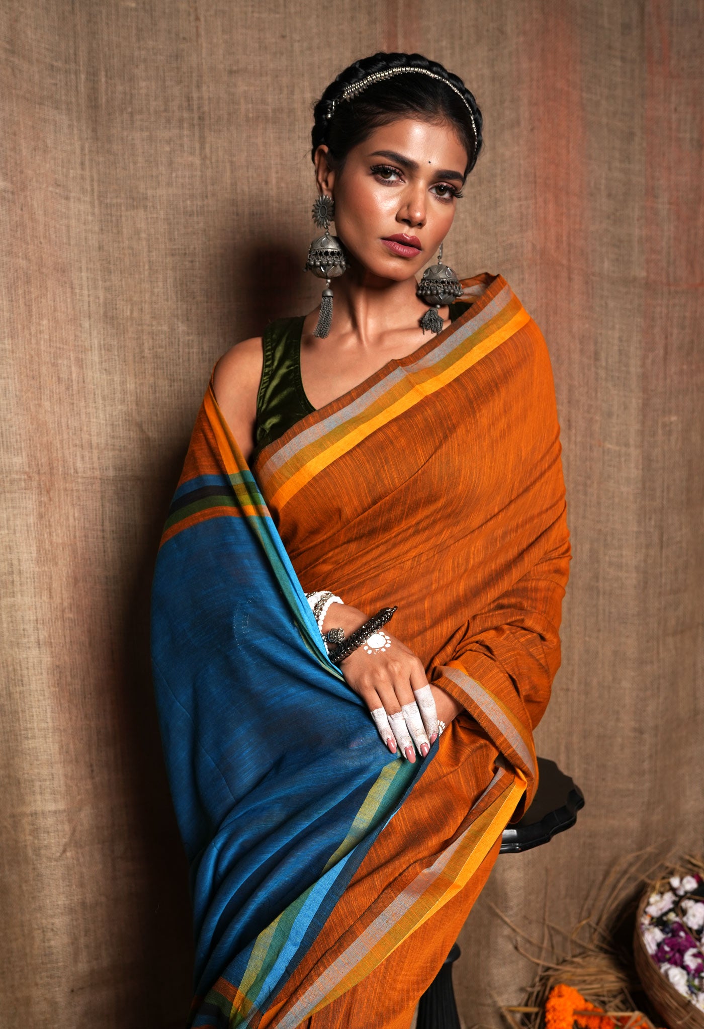 Orange-Blue Pure Plain With Contrast Pallu Cotton Linen Saree With Tassels