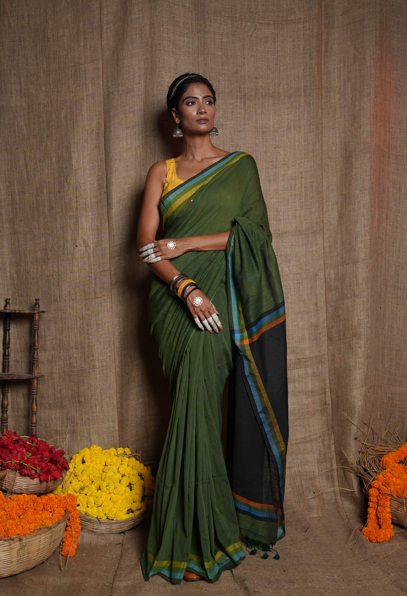 Olive Green-Black Pure Plain With Contrast Pallu Cotton Linen Saree With Tassels