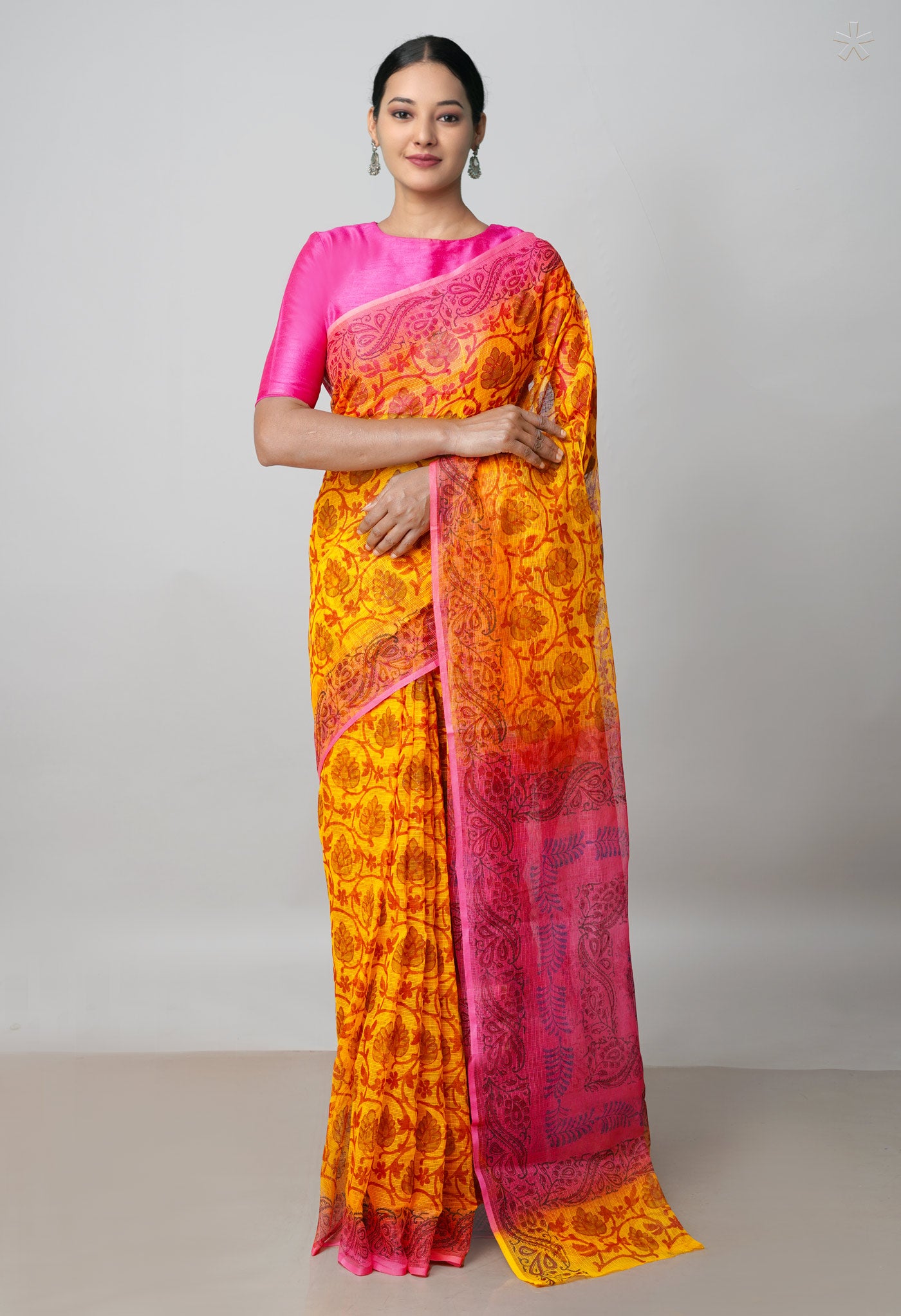 Orange Pure Block Printed Kota Cotton Saree With Kalamkari Blouse Piece-UNM72955