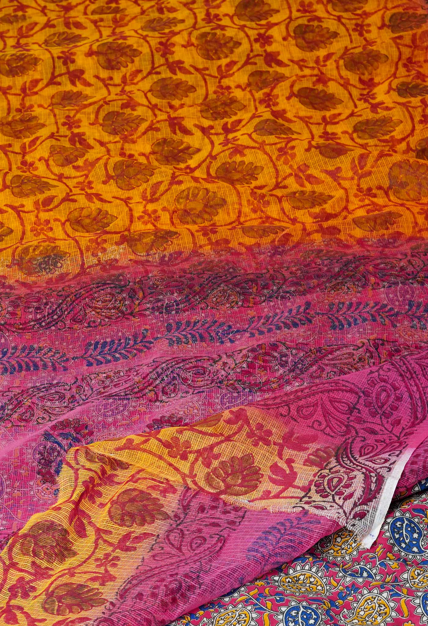 Orange Pure Block Printed Kota Cotton Saree With Kalamkari Blouse Piece-UNM72955