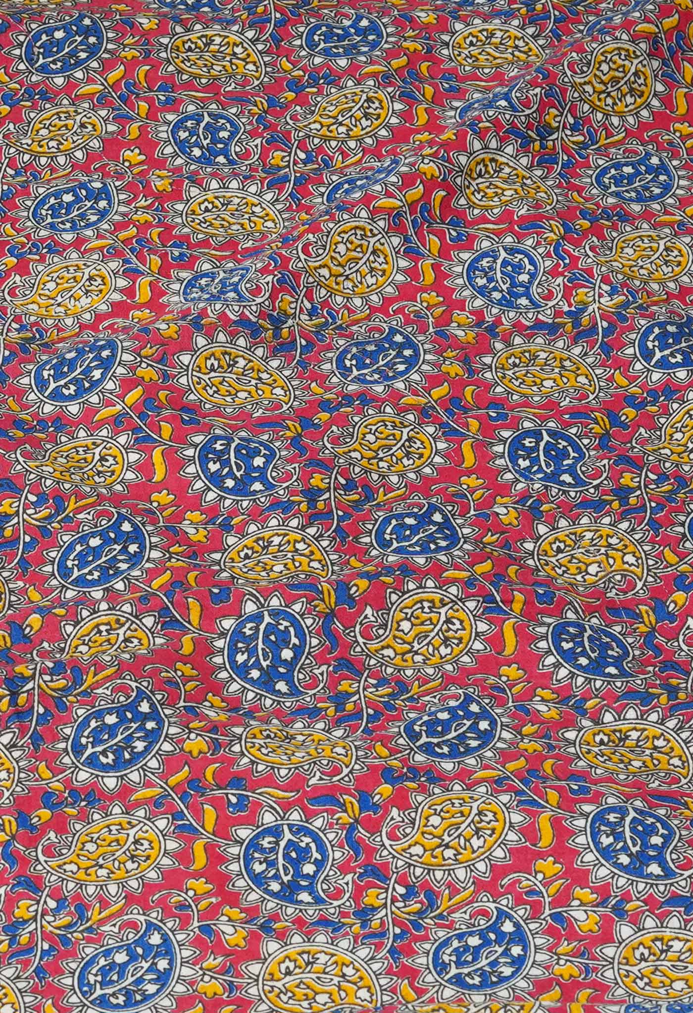 Orange Pure Block Printed Kota Cotton Saree With Kalamkari Blouse Piece-UNM72955