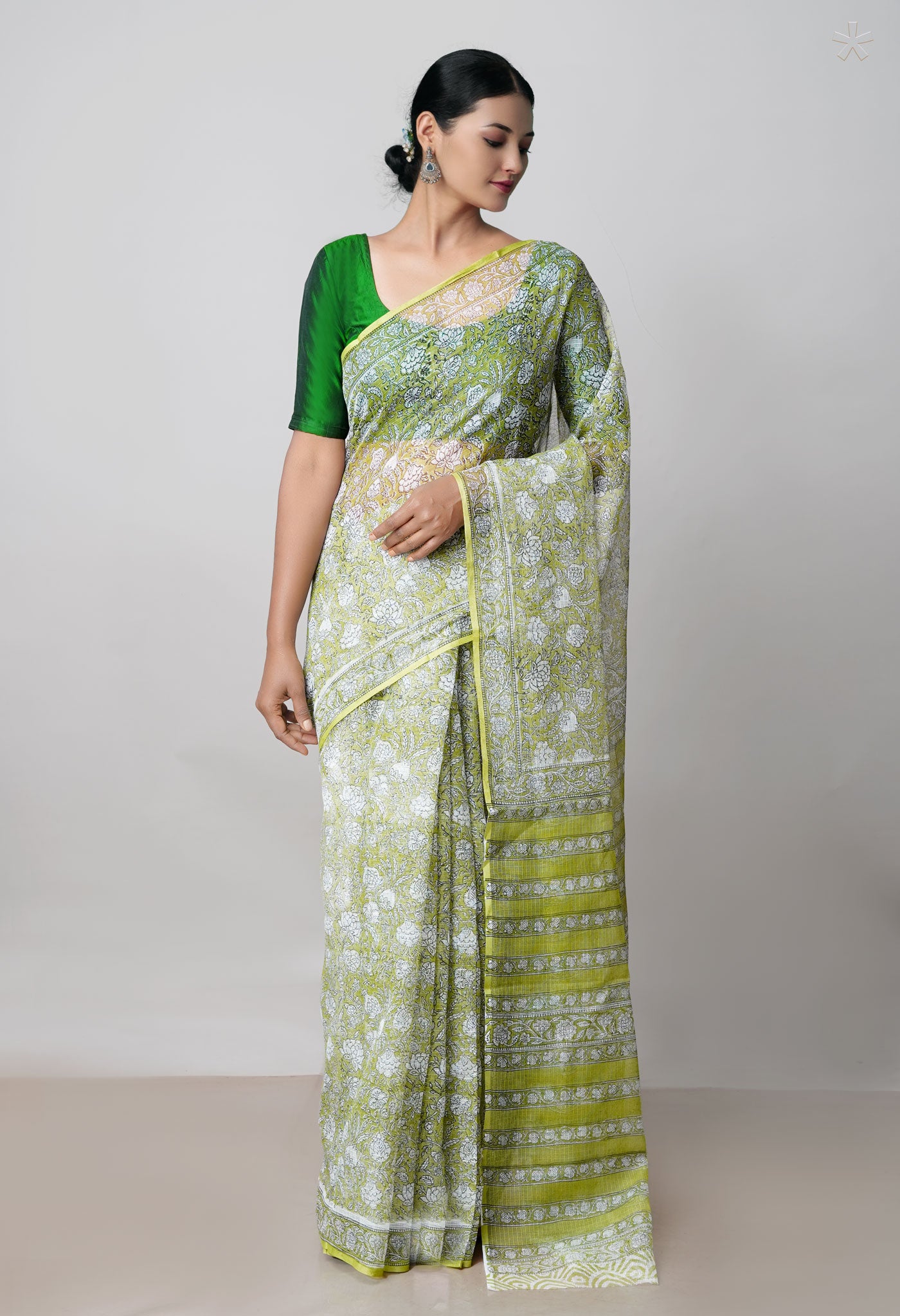 Green Pure Block Printed Kota Cotton Saree-UNM73037