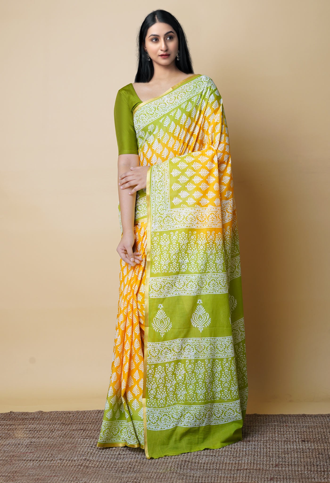 Yellow-Green Pure  Hand Block Printed Soft Cotton Saree