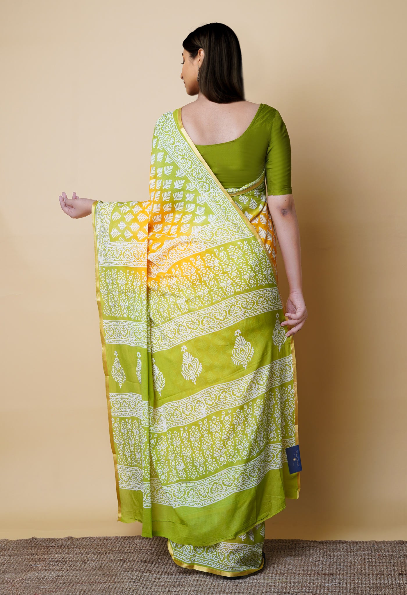 Yellow-Green Pure  Hand Block Printed Soft Cotton Saree