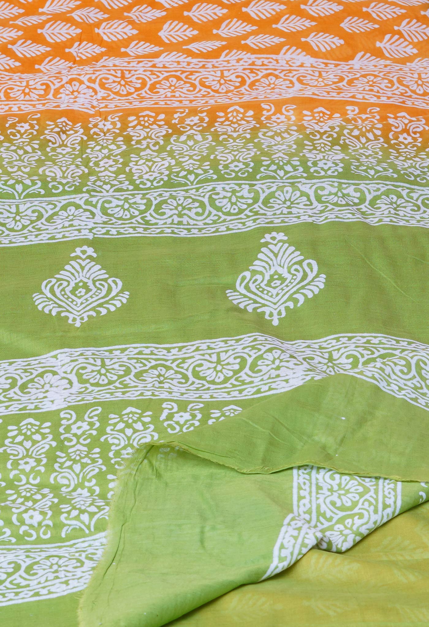 Yellow-Green Pure  Hand Block Printed Soft Cotton Saree