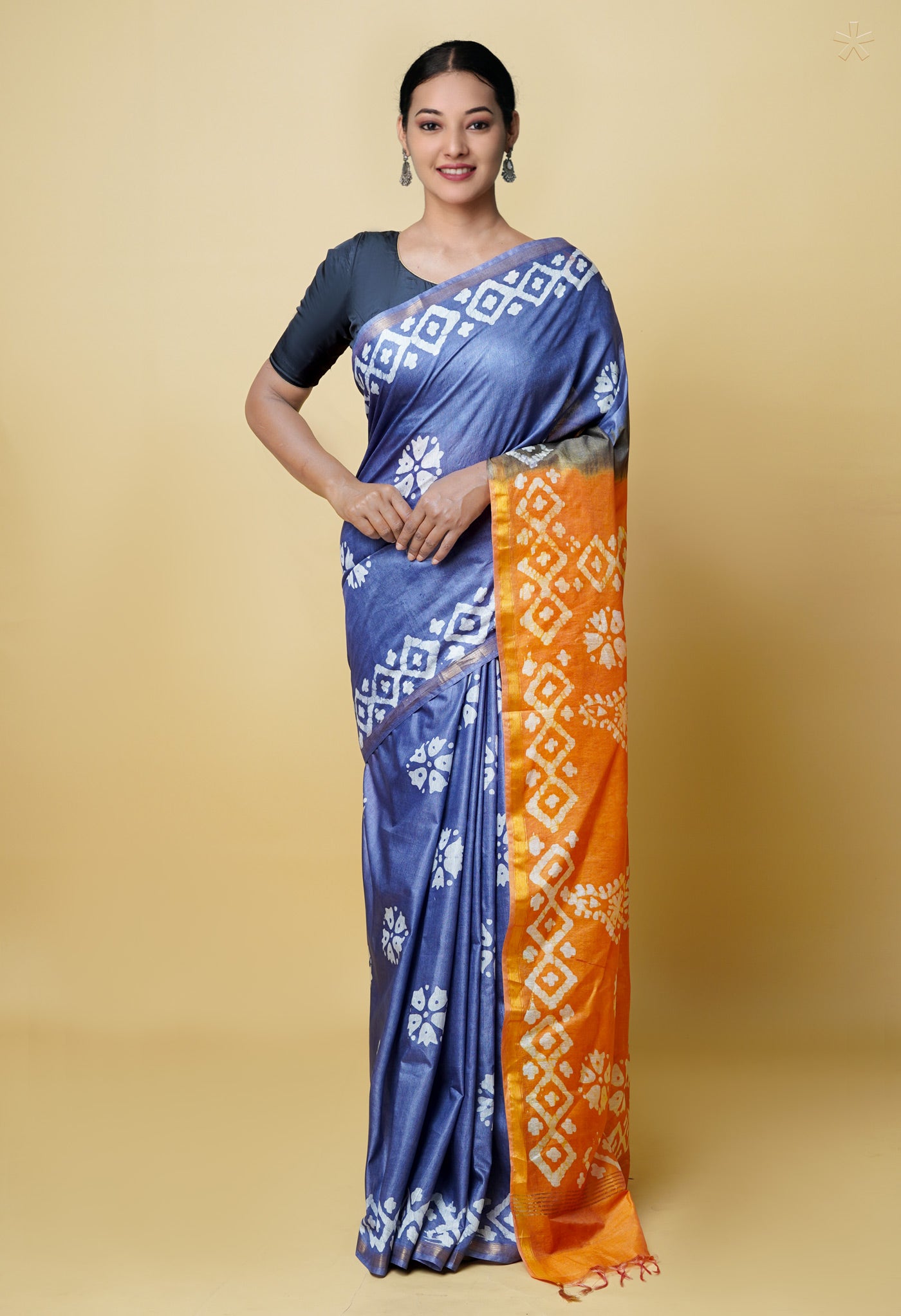 Grey-Brown Batik Printed Chanderi Sico Saree
