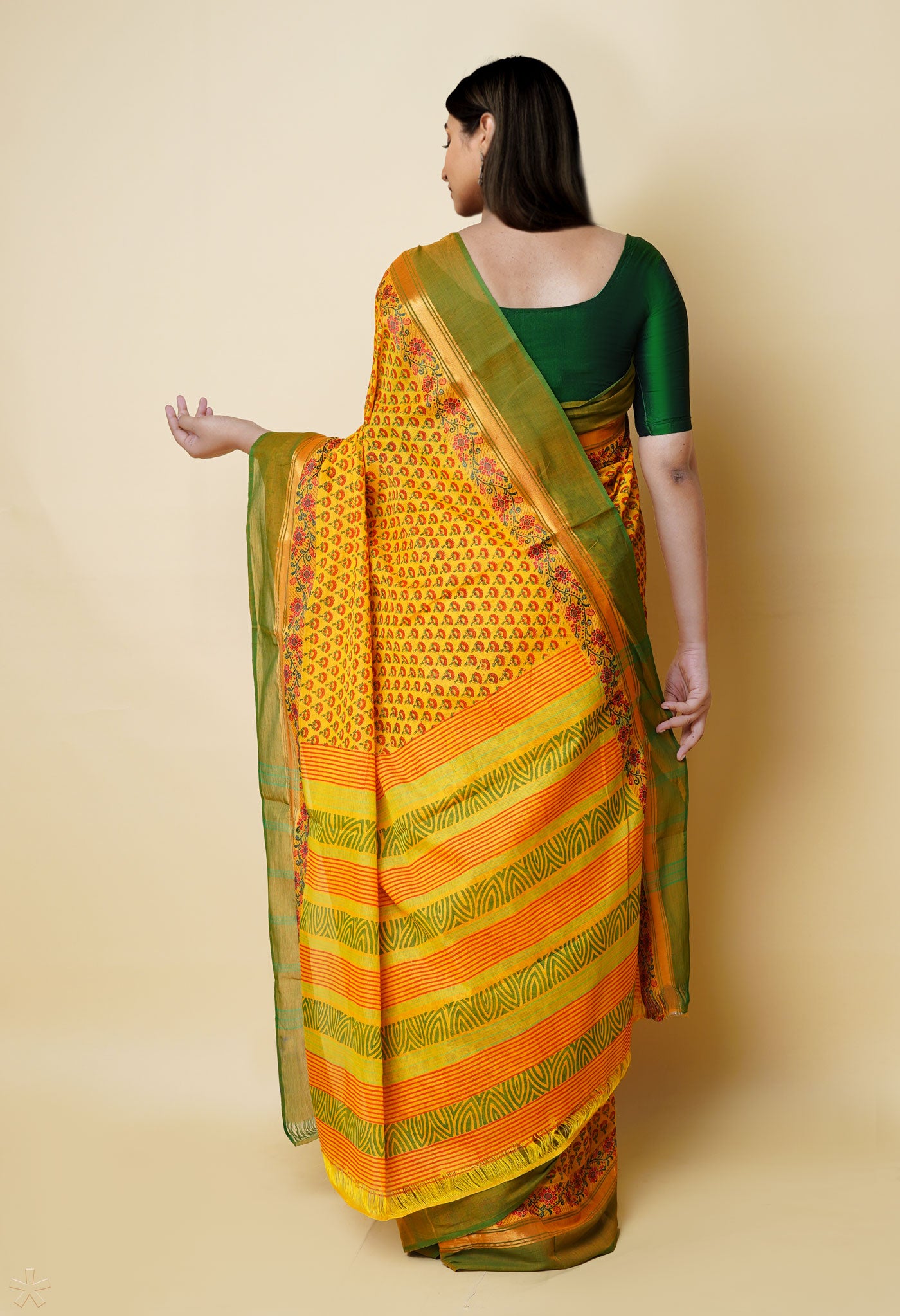 Yellow Pure Handloom Pavani Dyed Printed Chettinad Cotton Saree