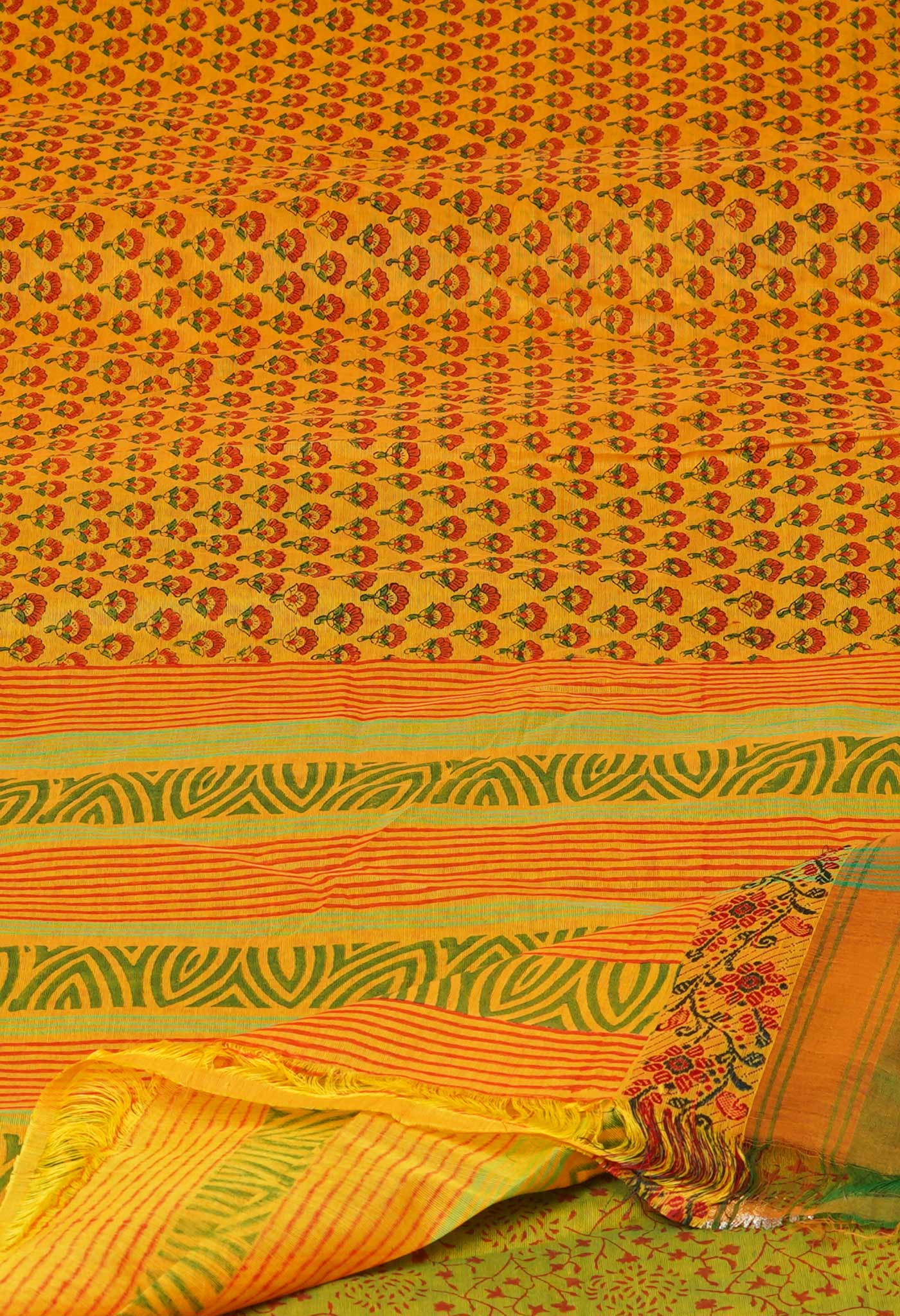 Yellow Pure Handloom Pavani Dyed Printed Chettinad Cotton Saree