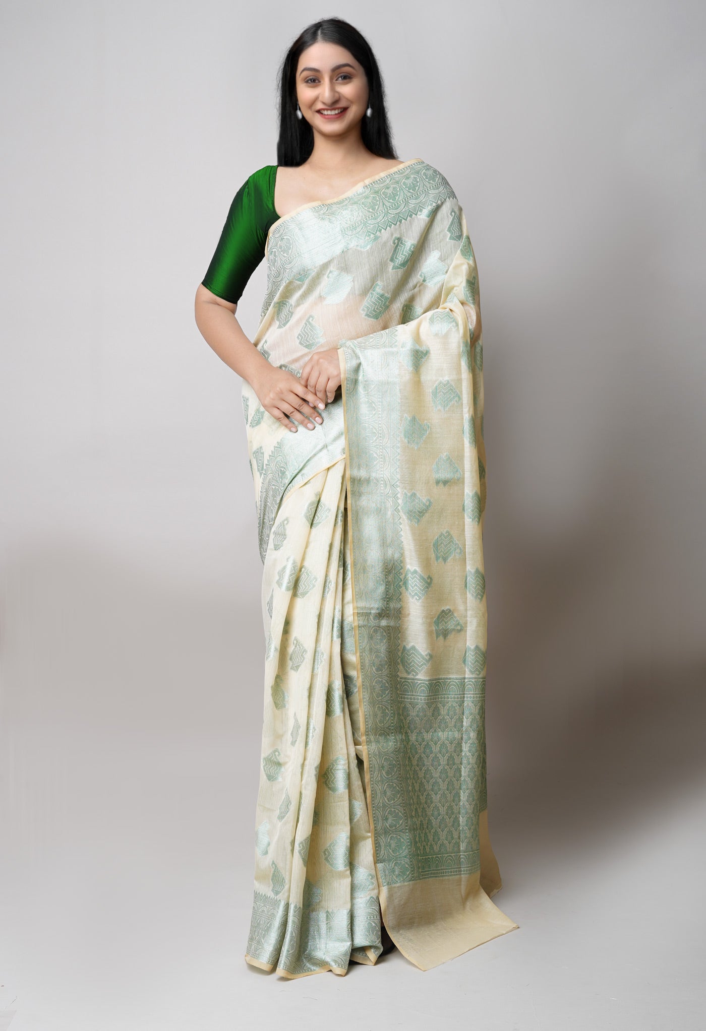 Cream Banarasi Chanderi Sico Saree-UNM73394