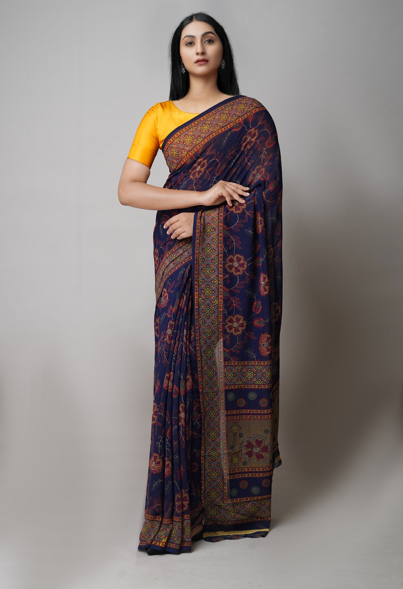 Navy Blue Pure Block Printed Georgette Silk Saree-UNM73418