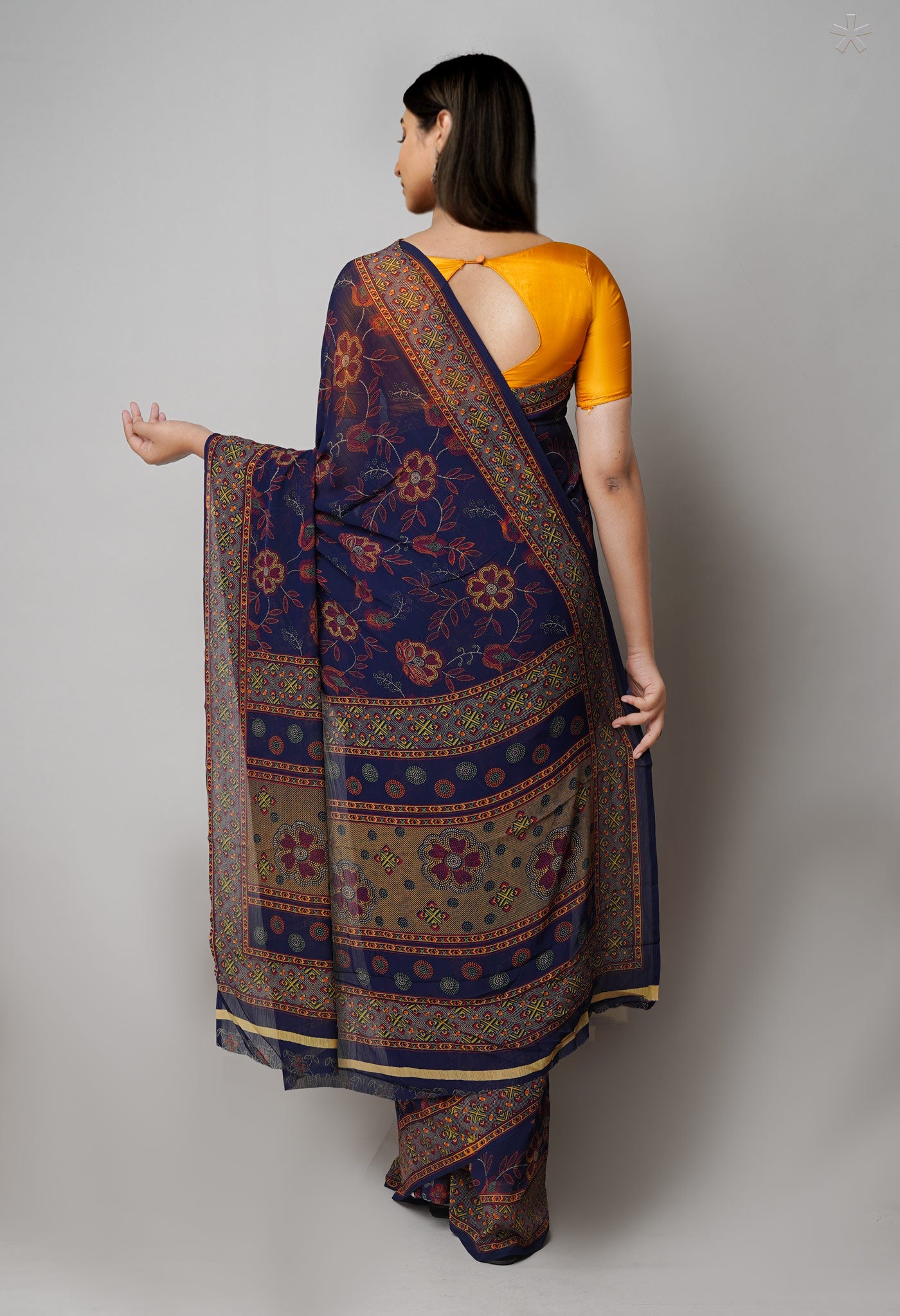 Navy Blue Pure Block Printed Georgette Silk Saree-UNM73418