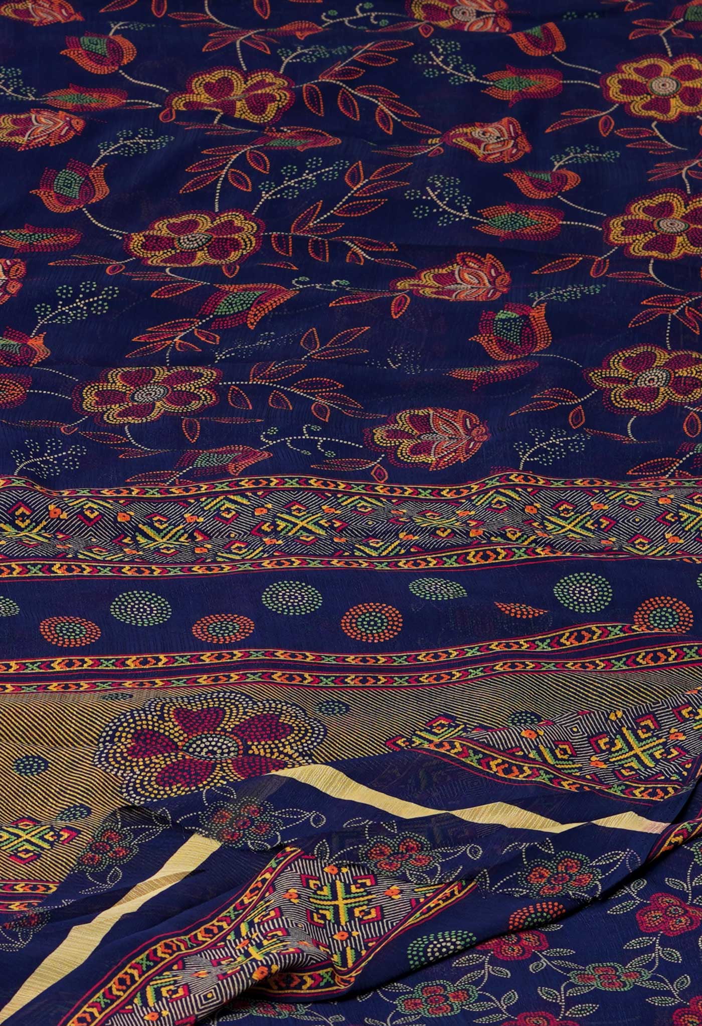 Navy Blue Pure Block Printed Georgette Silk Saree-UNM73418