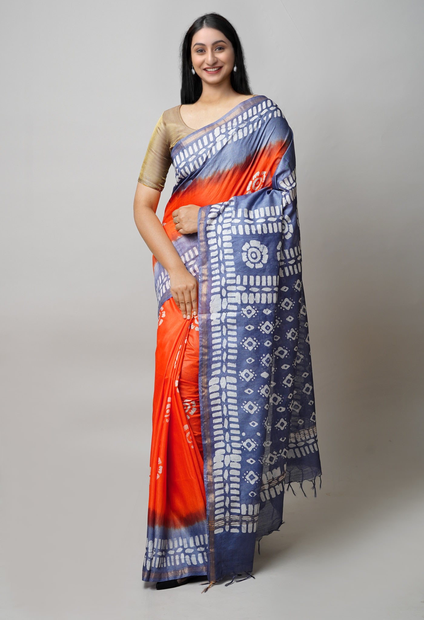 Blue-Orange Pure Batik Printed Chanderi Sico Saree