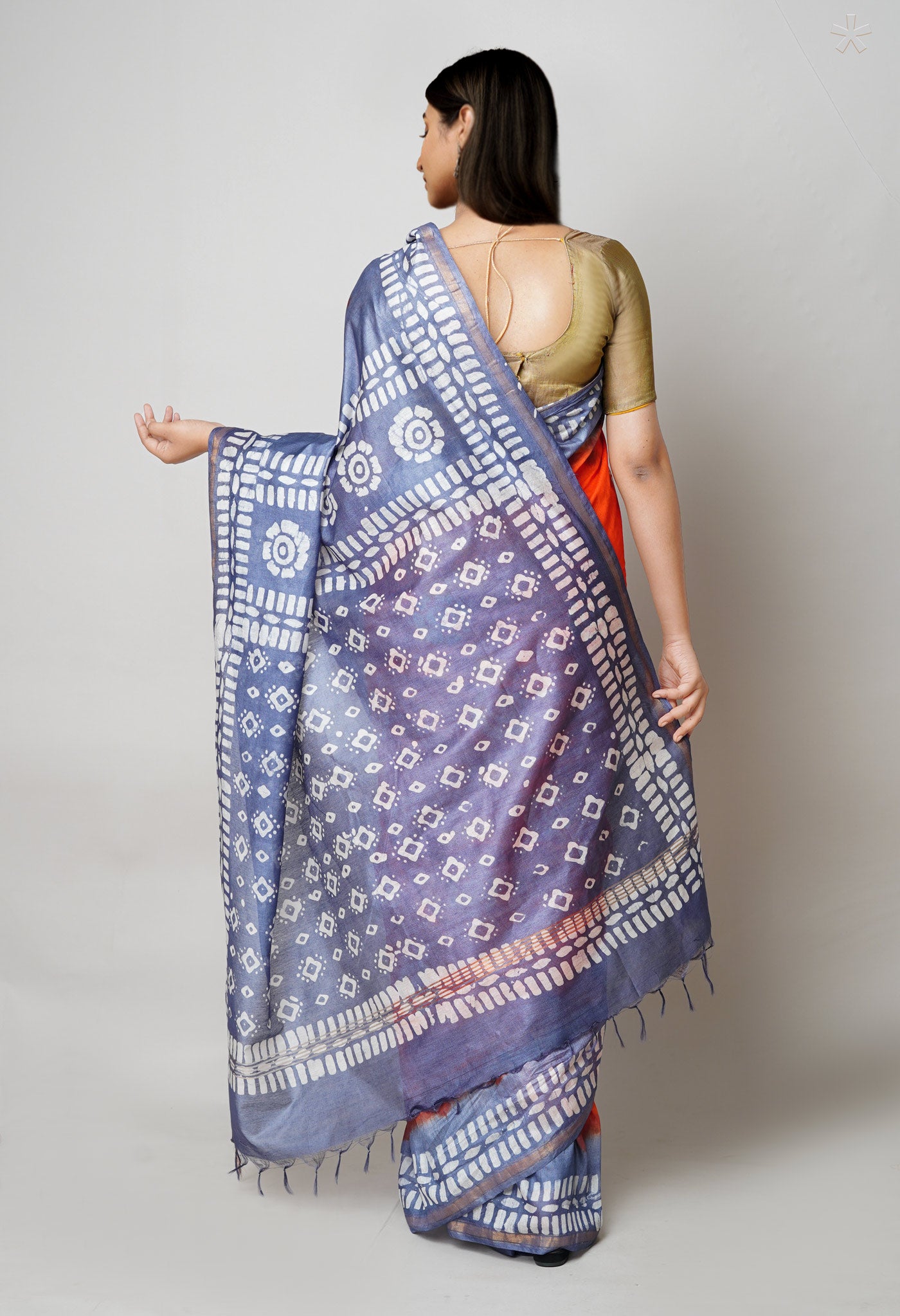 Blue-Orange Pure Batik Printed Chanderi Sico Saree