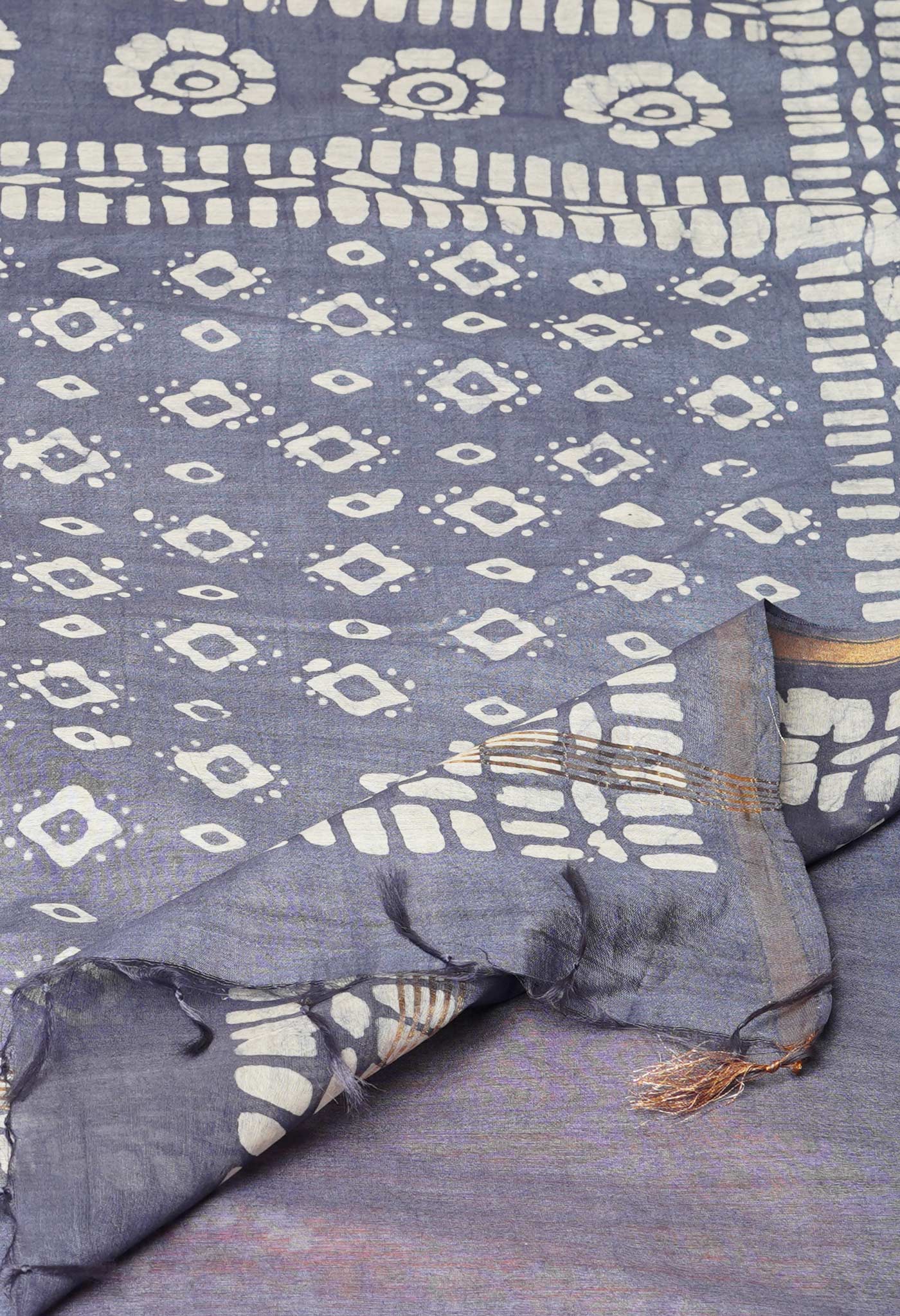 Blue-Orange Pure Batik Printed Chanderi Sico Saree