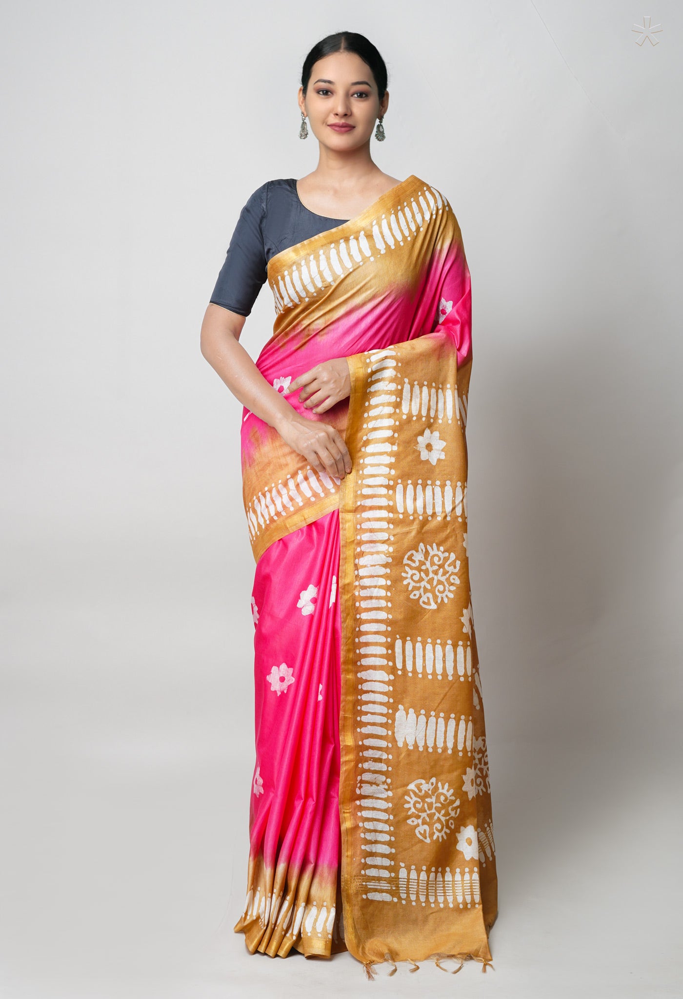 Pink-Brown Pure Batik Printed Chanderi Sico Saree-UNM73589